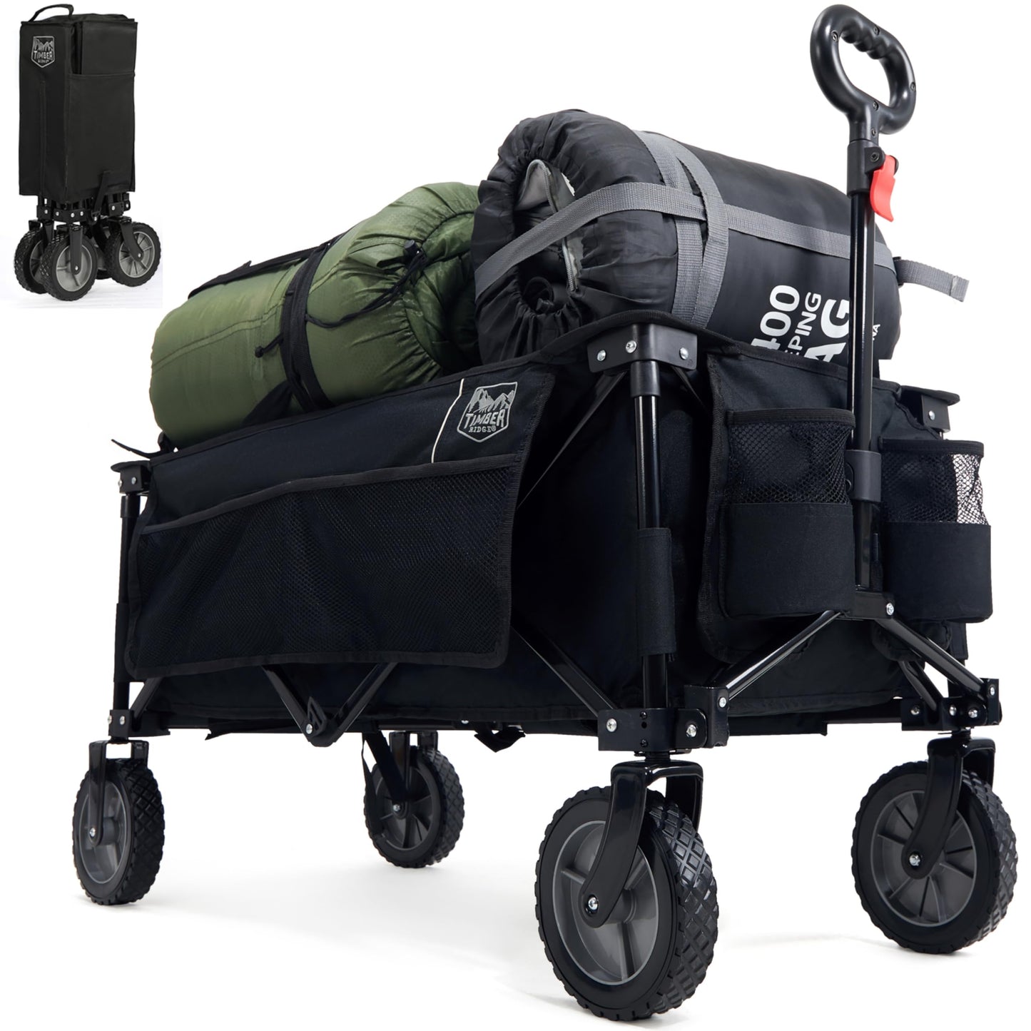 Faltbarer Bollerwagen mit verstellbarem Griff und Seitentaschen, Schwarz