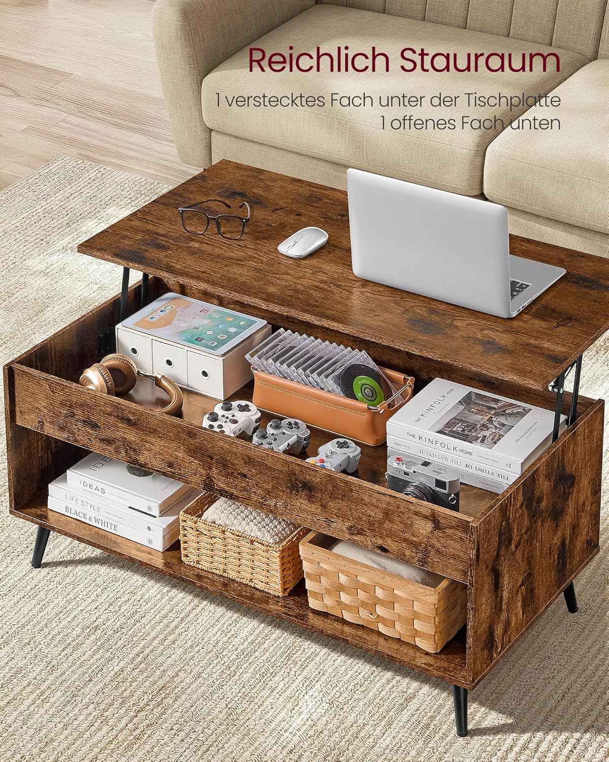 Höhenverstellbarer Couchtisch mit Stauraum, Vintagebraun + Mattschwarz Ohne Schubladen