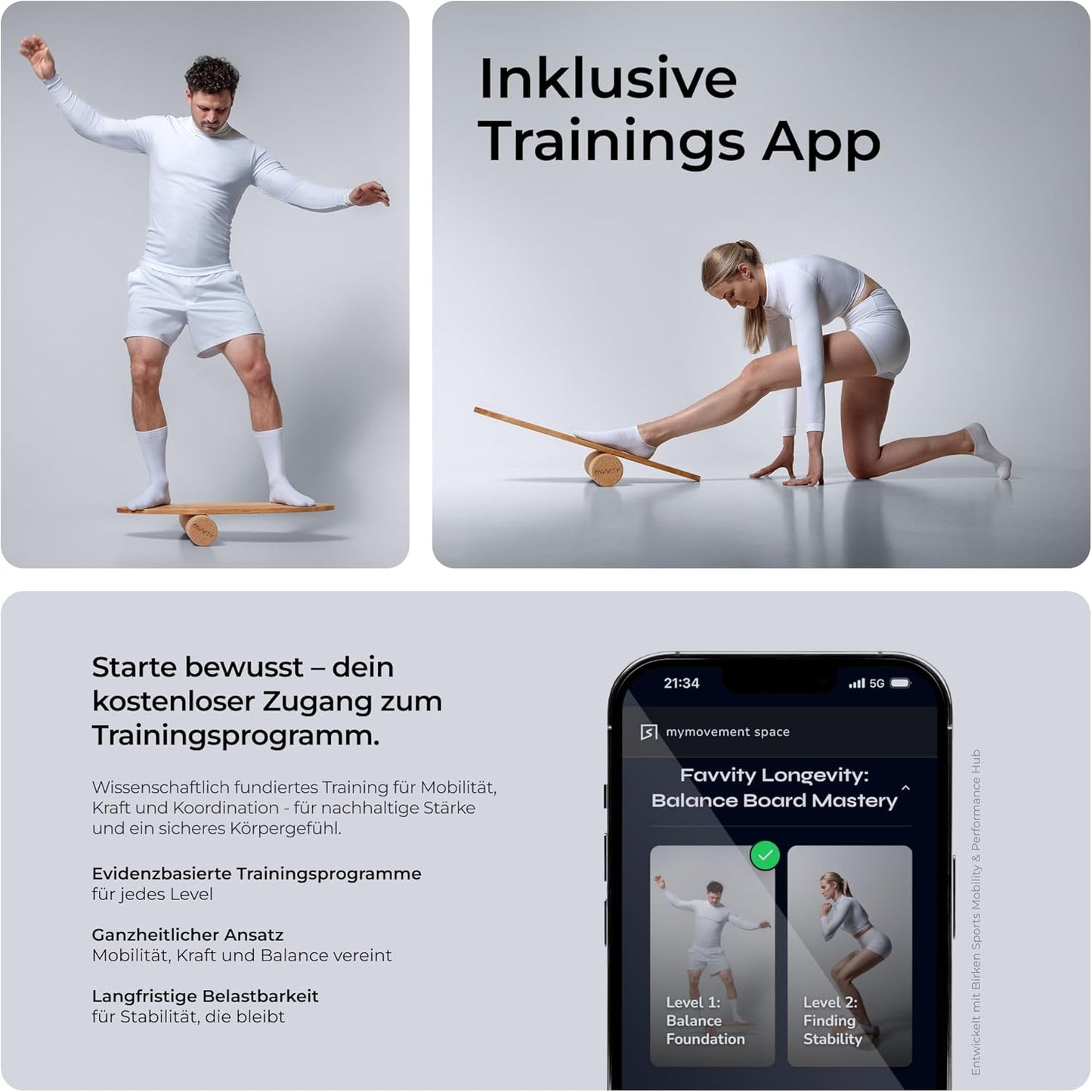 Balance Board aus Eichenholz, Komplett-Set + App + Ständer: Eiche (Spitz)