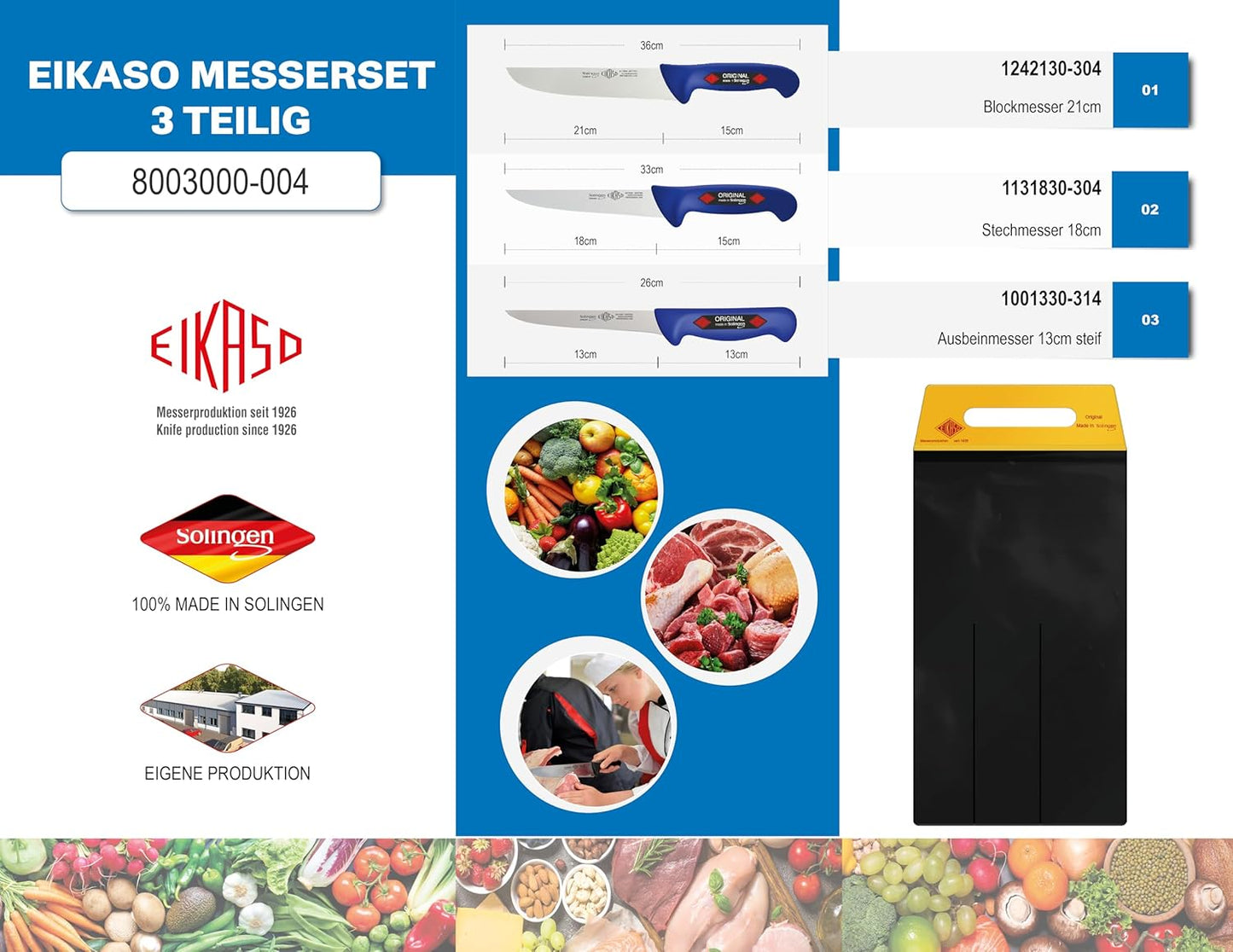 3-teiliges Fleisch- und Schlachtmesserset mit Messertasche, Blau