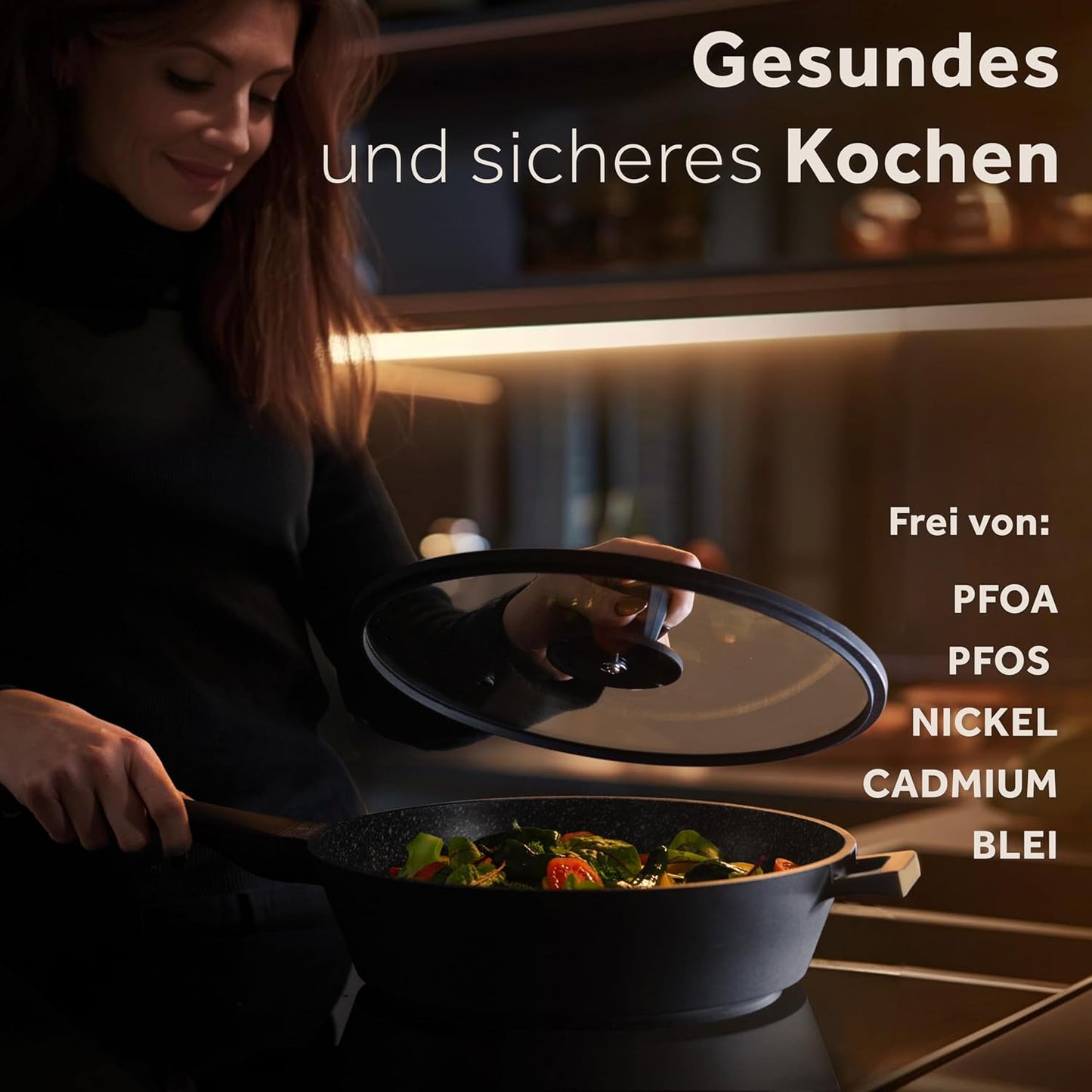 Schmorpfanne 28 cm, Schwarz/Granit 28 cm tief + Deckel