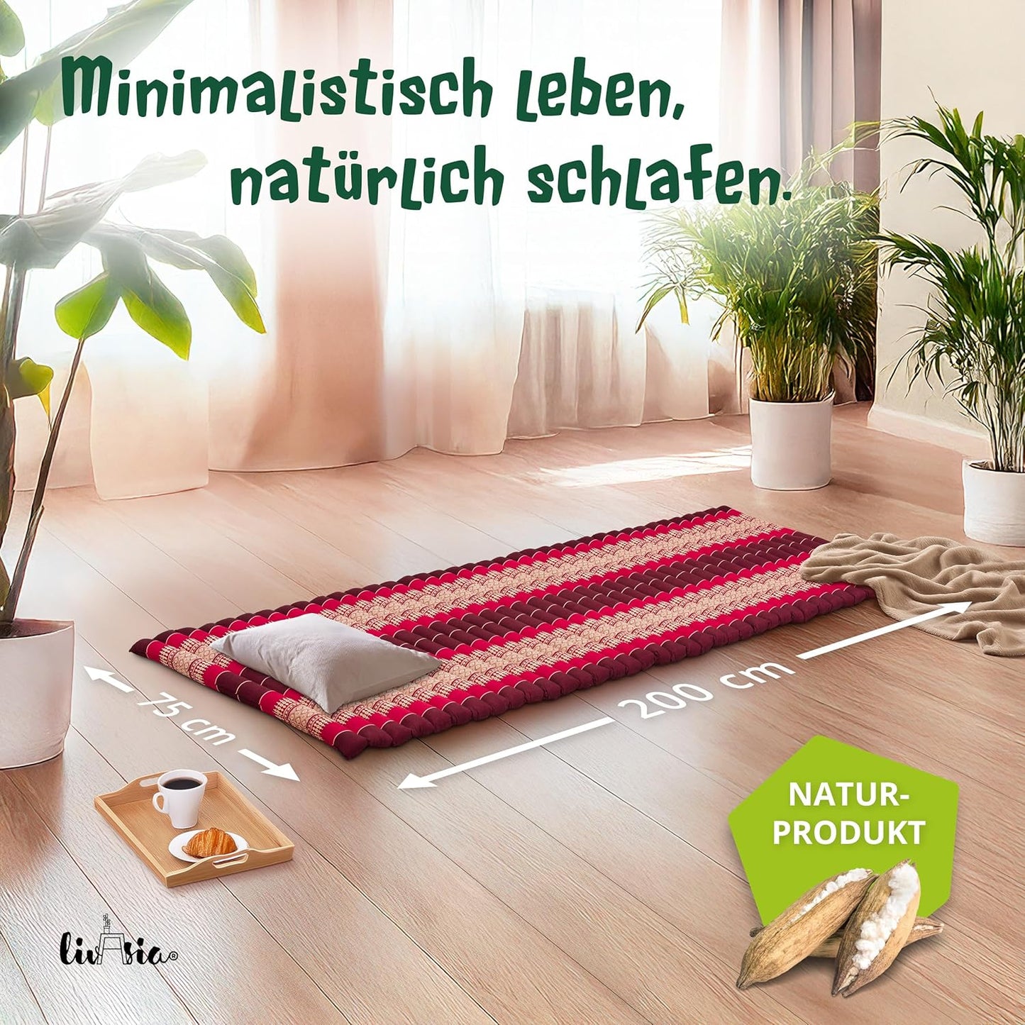 Rollmatratze für Gäste und Reisen (200x110x4,5cm), M (200 x 75 cm) Rubinrot