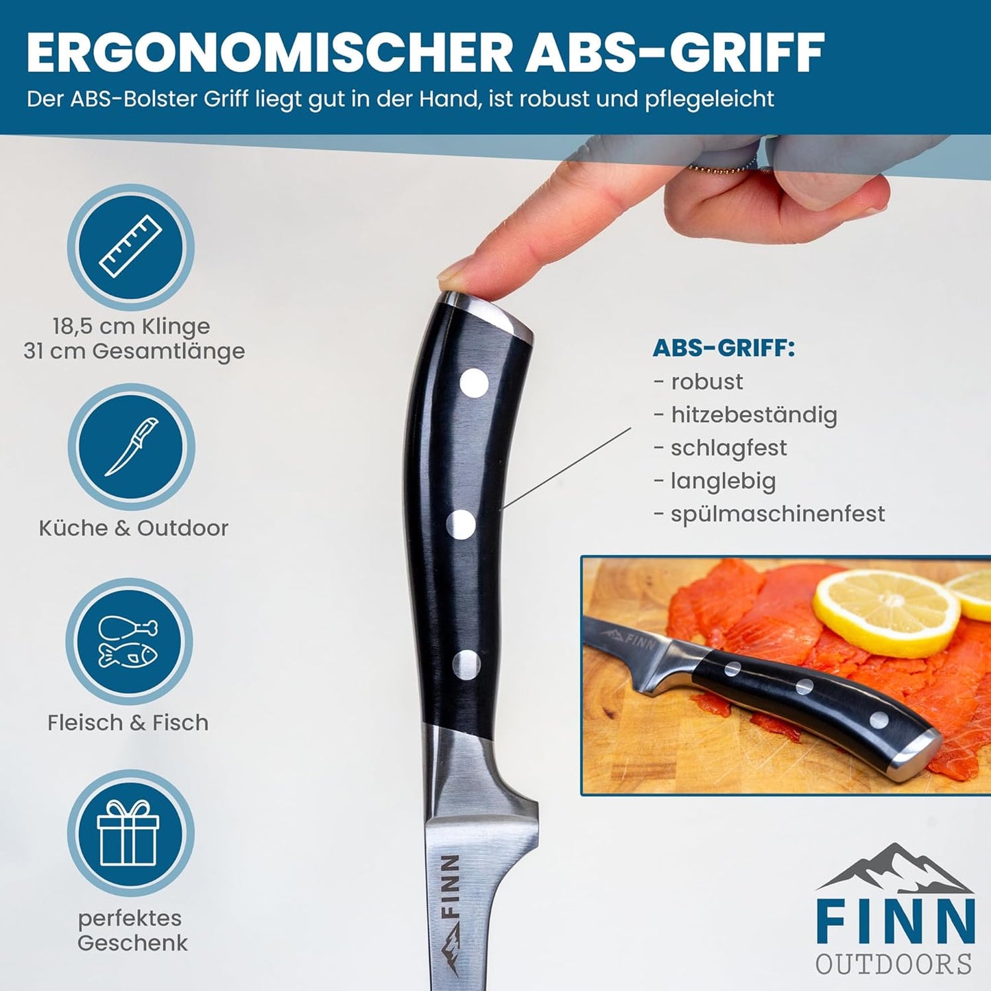 Filetiermesser mit flexiblem Edelstahlblatt und Klingenschutz