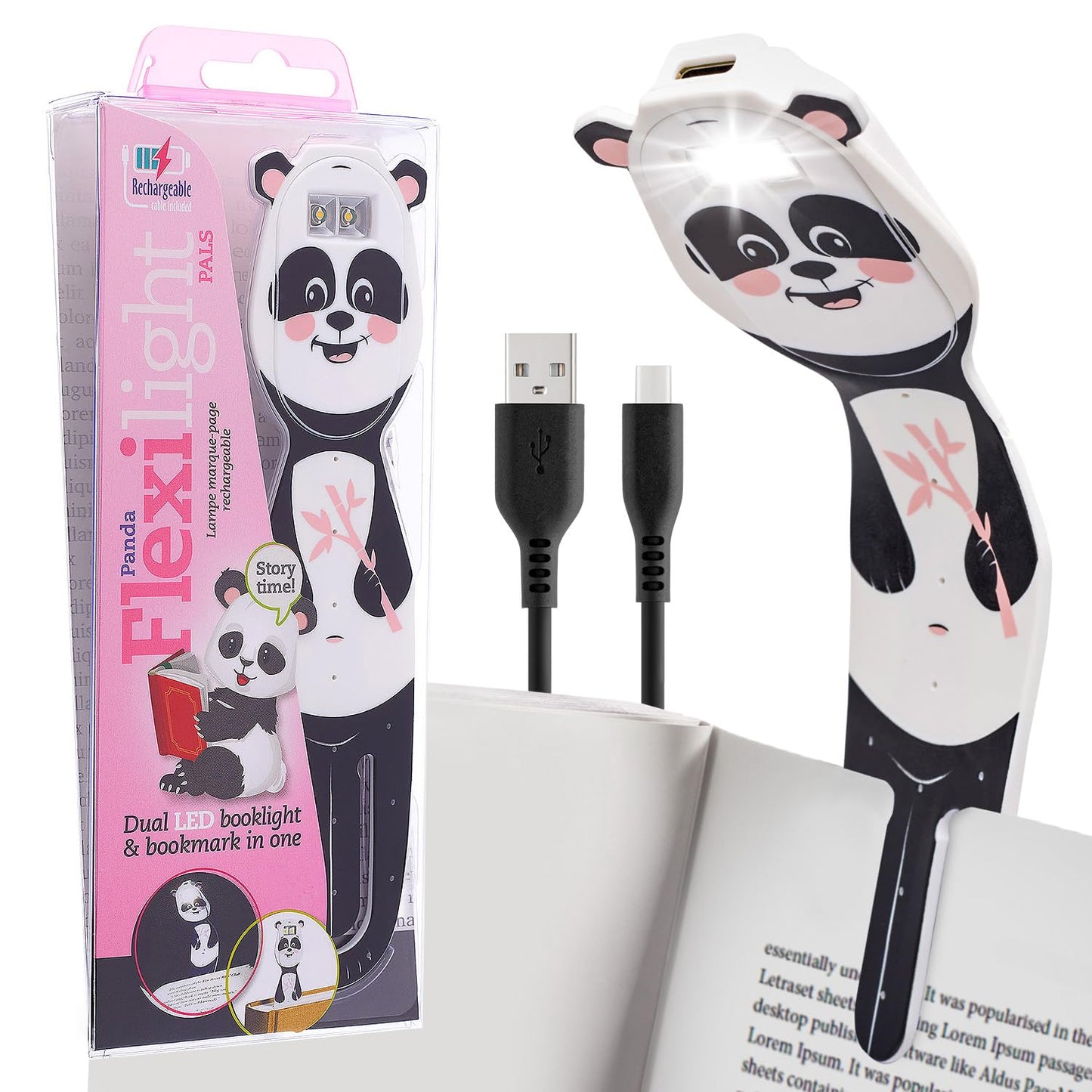 Flexilight 2-in-1 Clip On Leselampe & Lesezeichen, wiederaufladbar, Panda