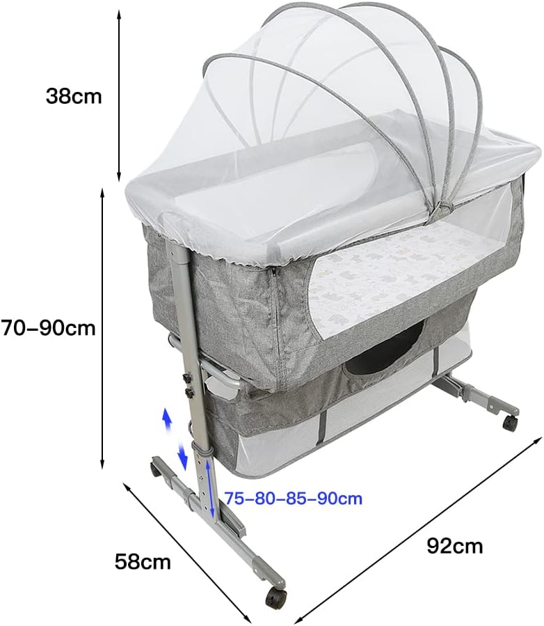 Babybett mit Moskitonetz und Wiegefunktion, 92*58*70-90 Cm(gris Foncé)