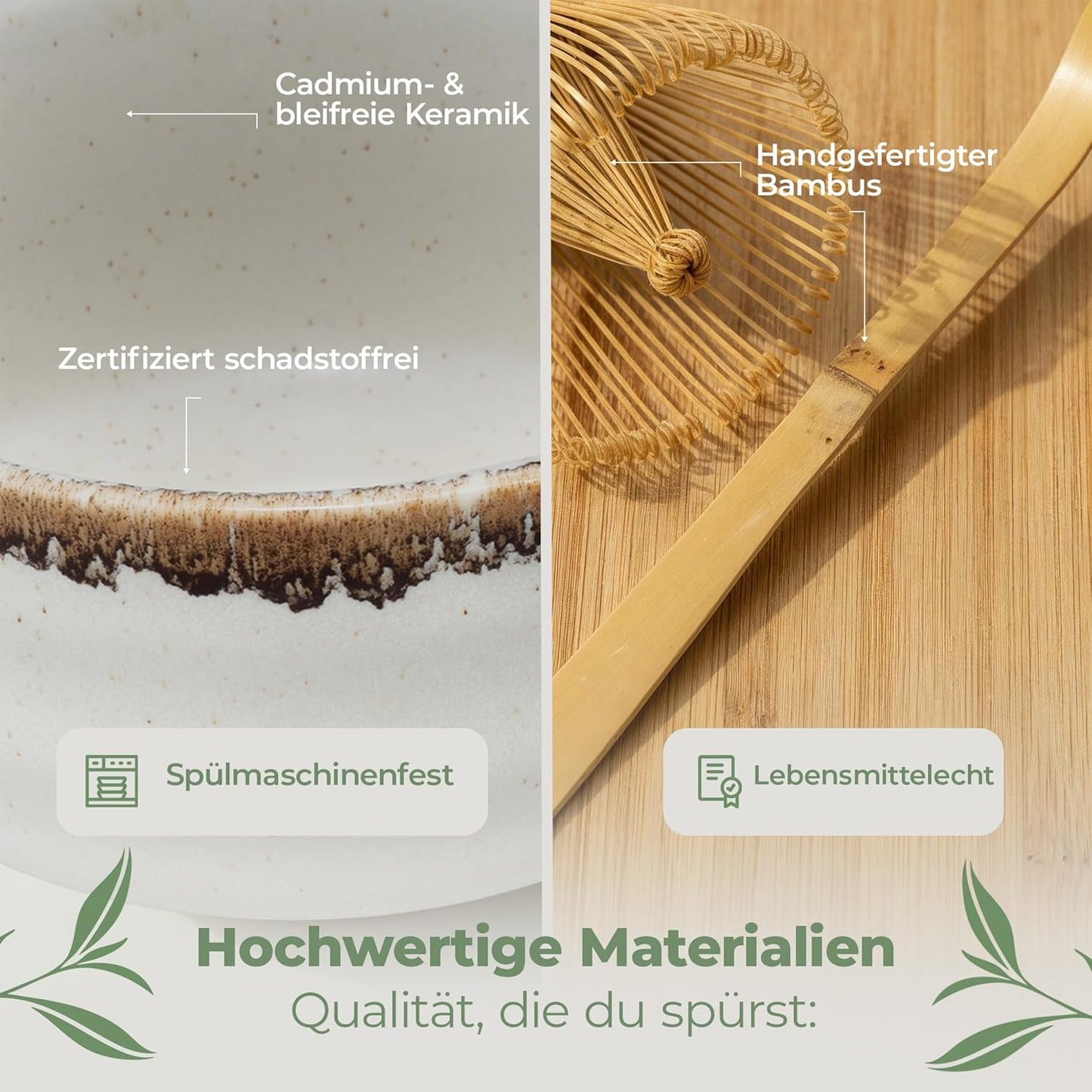 5-teiliges Matcha-Teeset, Weiss mit Braunem Rand