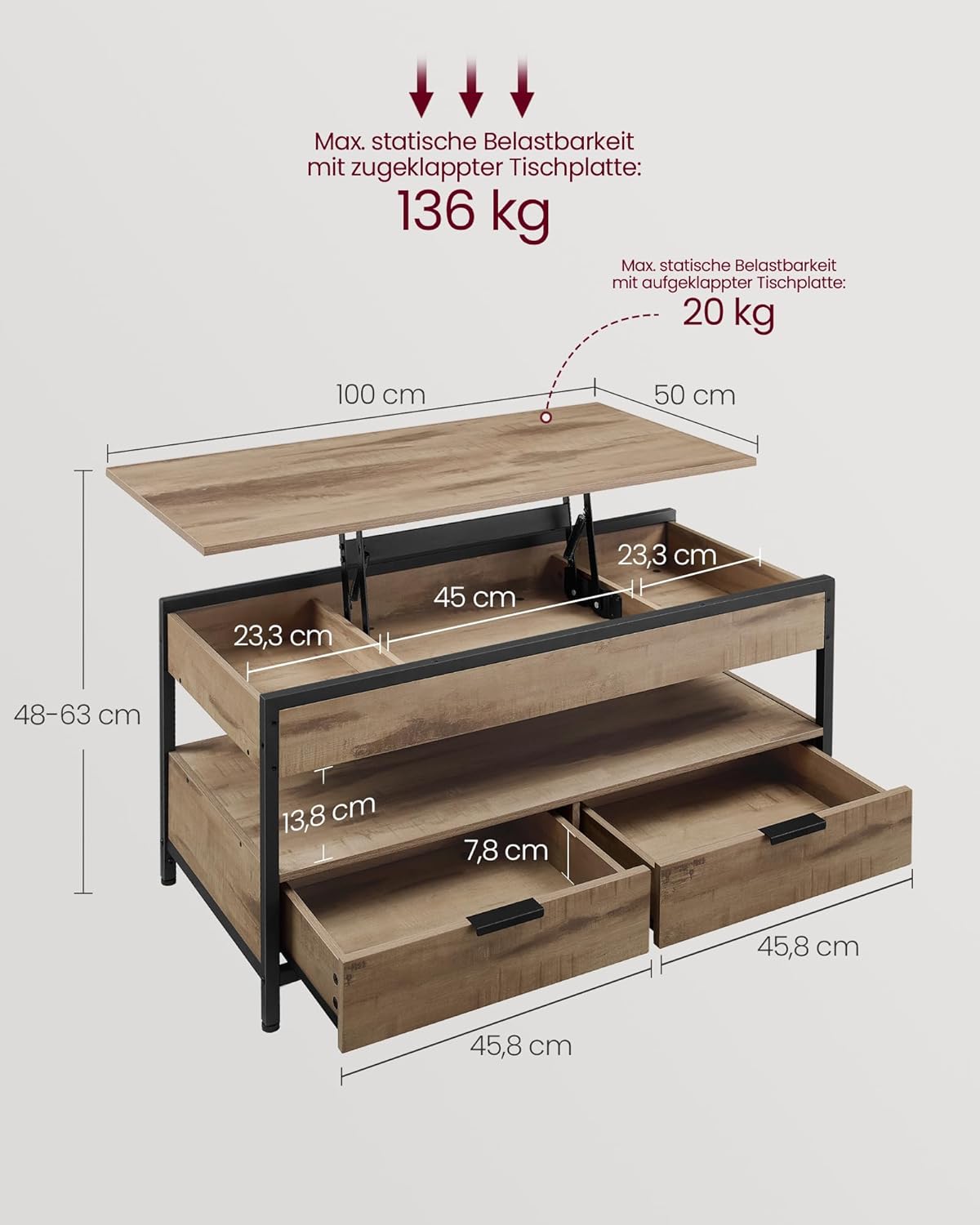 Höhenverstellbarer Couchtisch mit Schubladen, 100B cm| Kamelbraun + Tintenschwarz