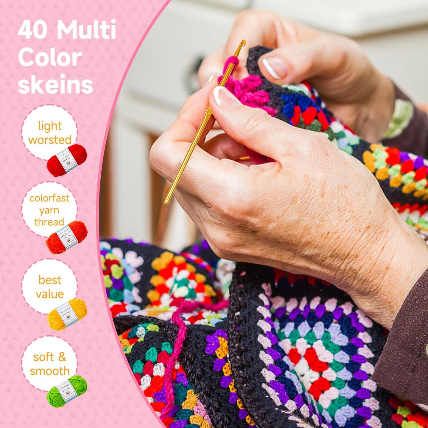 48-teiliges Häkelset mit Garn und Zubehör, 40 Yarn Kit