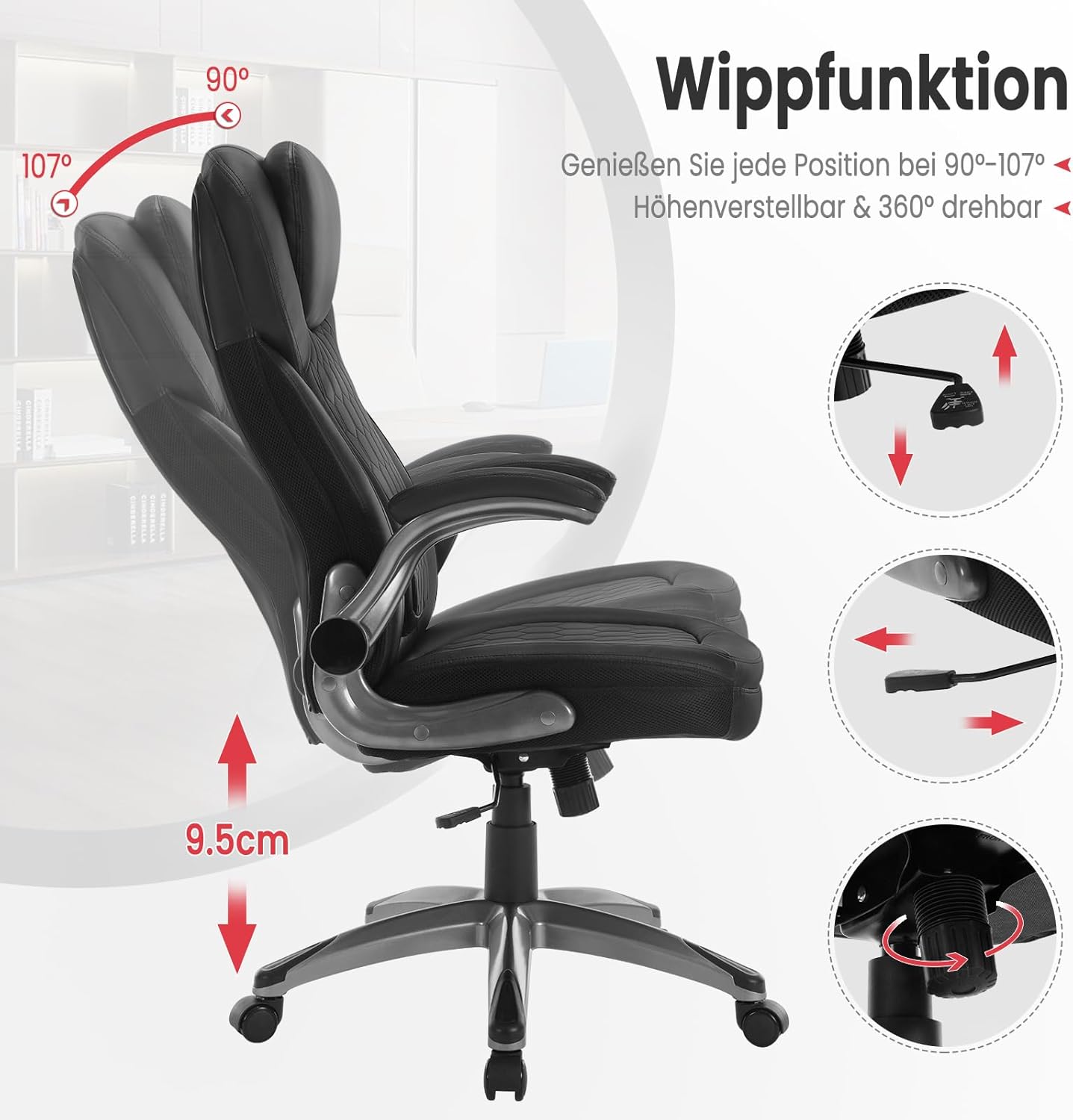 Ergonomischer Bürostuhl, höhenverstellbar, bis 200kg, Schwarz, Kunstleder