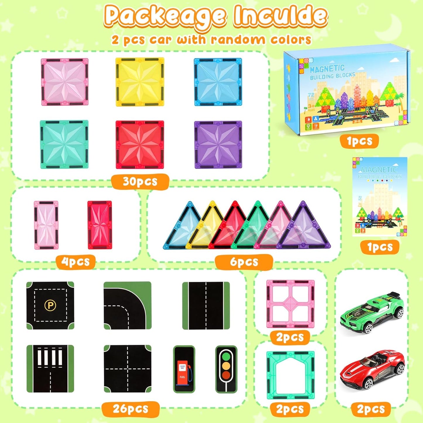 Magnetische Bausteine-Set mit 2 Autos, Rainbow Colours