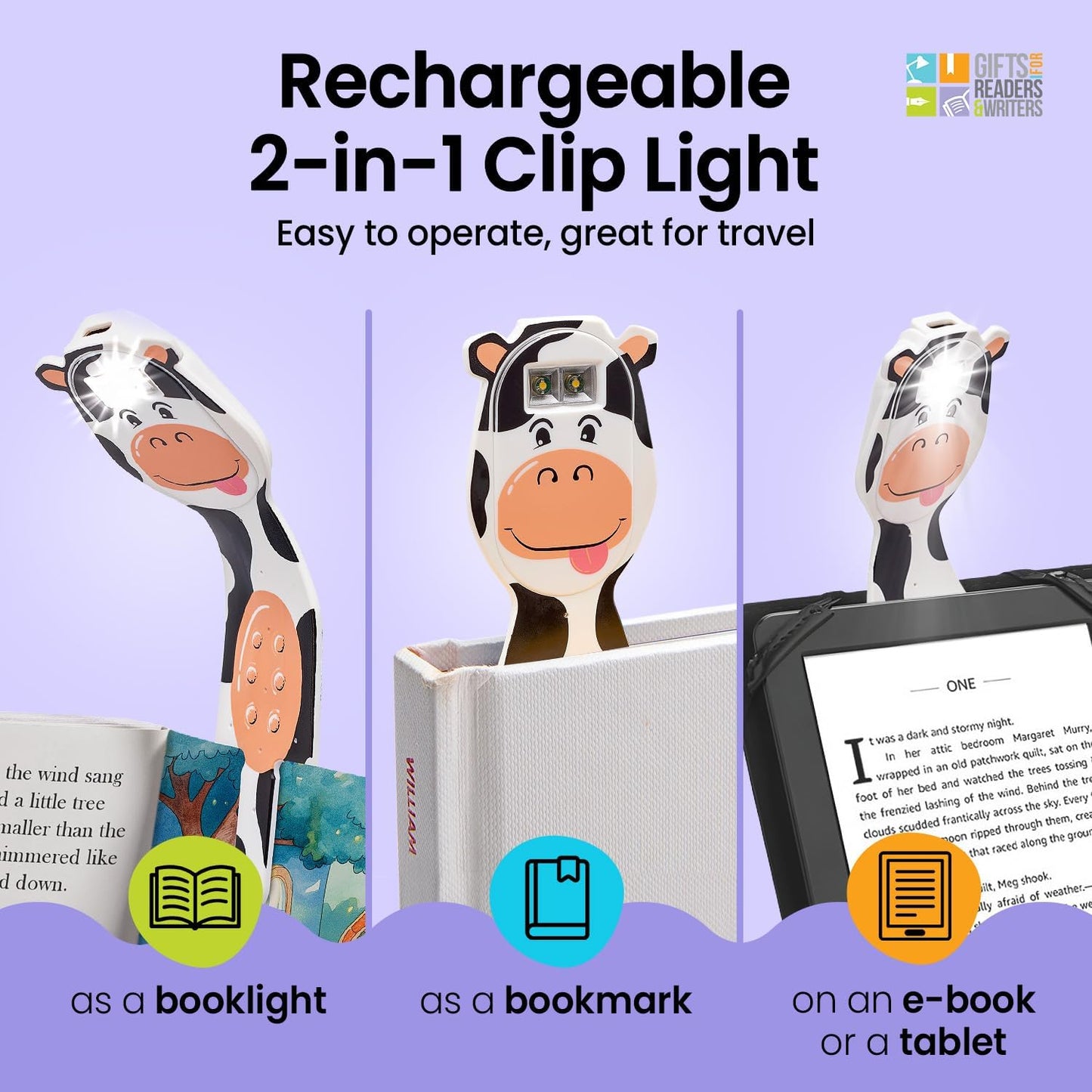 Flexilight 2-in-1 Clip On Leselampe & Lesezeichen, wiederaufladbar, Kuh