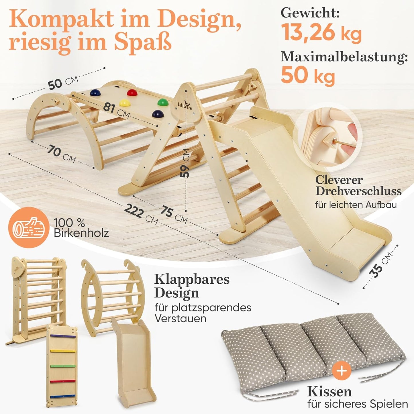 4 in 1 Kletterdreieck mit Rutsche & Rampe, 4T -Natural