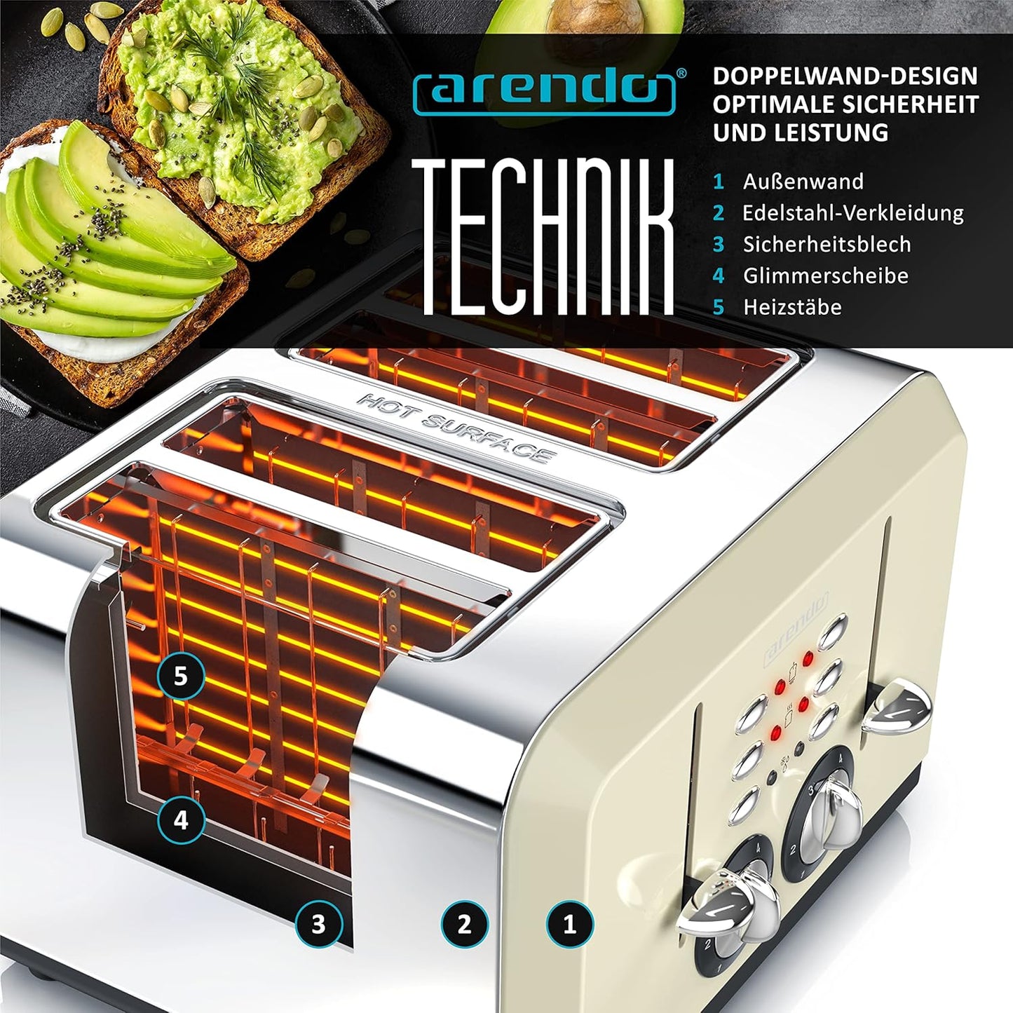 Breakfast X2 Toaster für 4 Scheiben, mit Auftau- Aufwärm- und Stoppfunktion, D: Beige