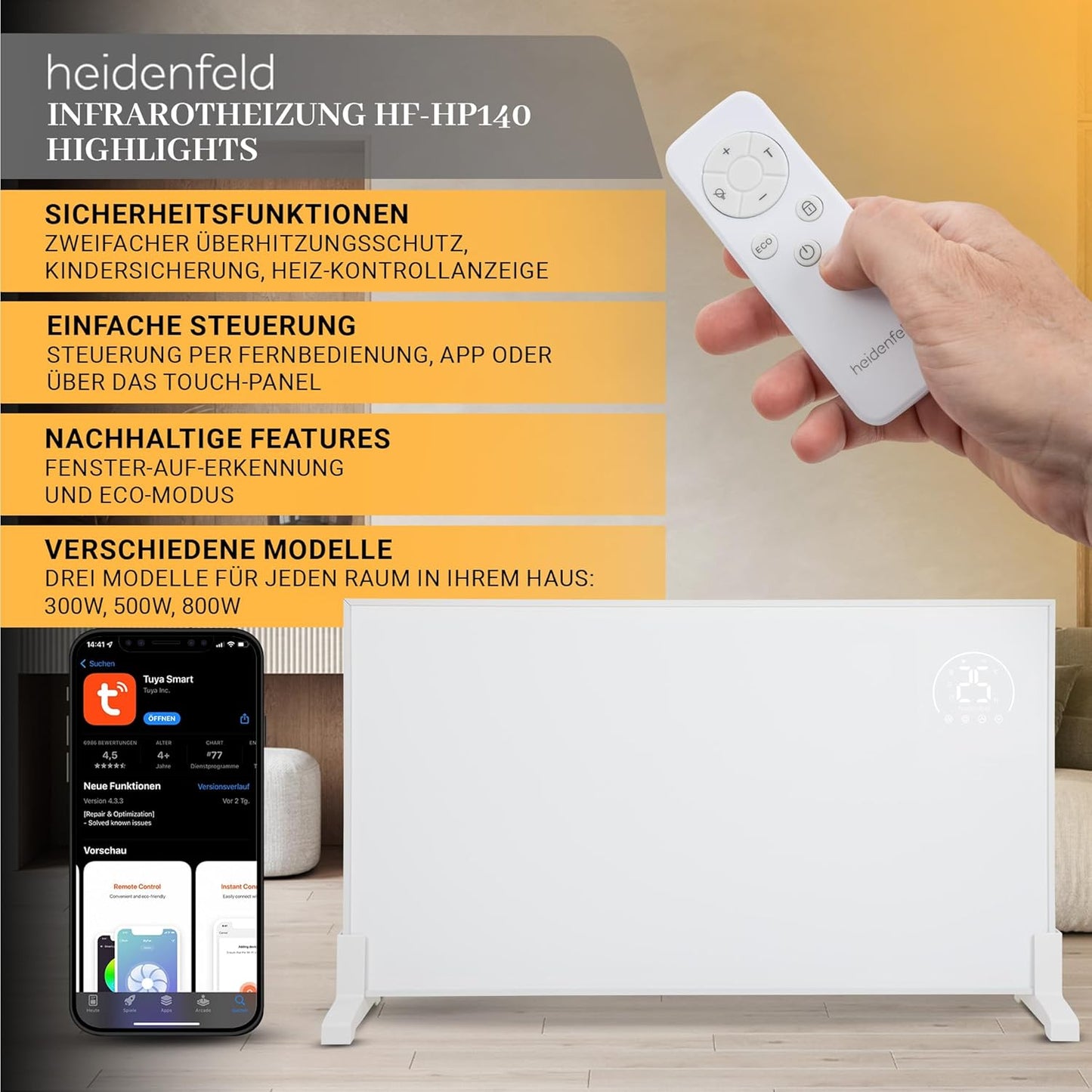 Infrarotheizung HF-HP140 mit App-Steuerung, Hf-hp140 300 Watt