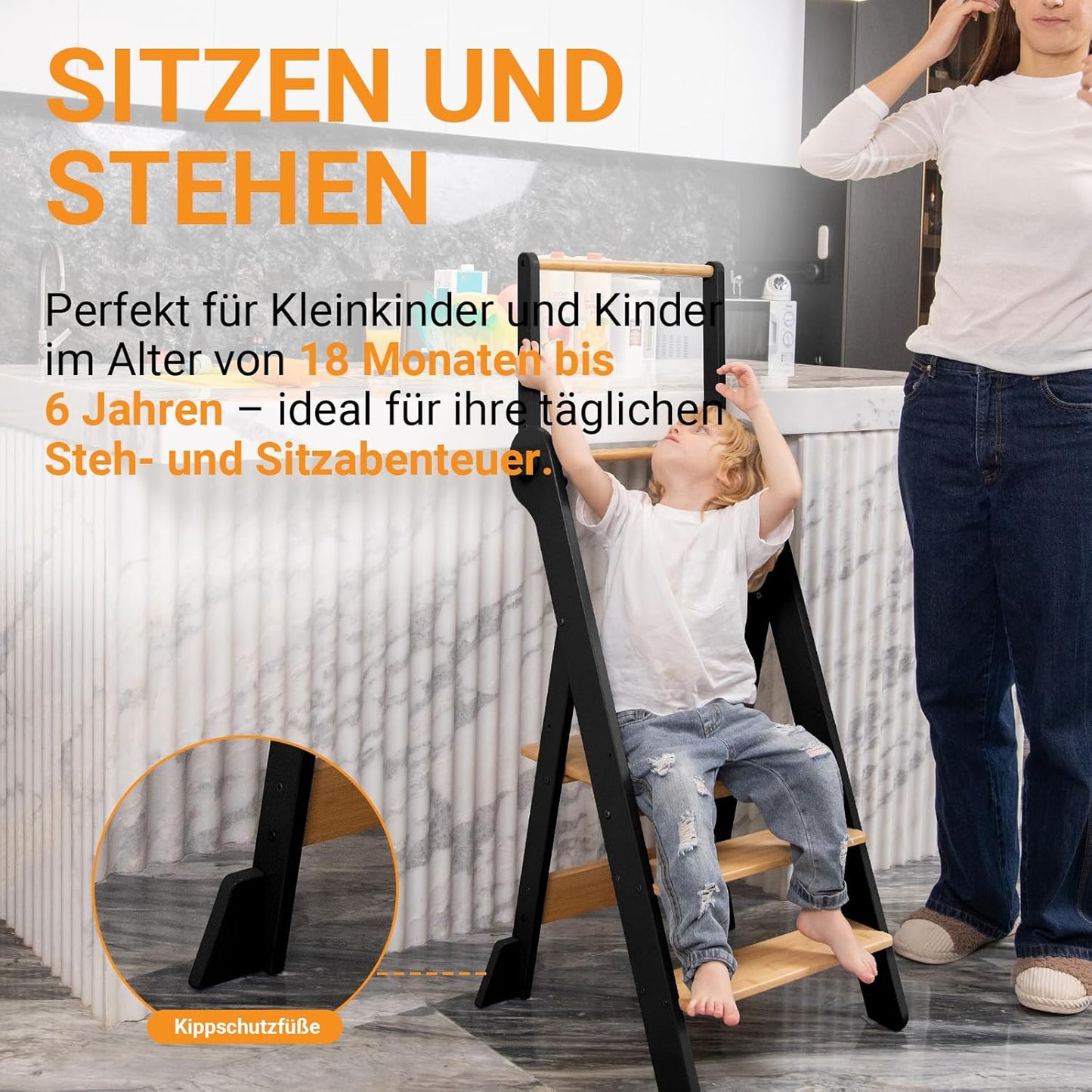 Klappbarer Lernturm, Schwarz mit Naturholz