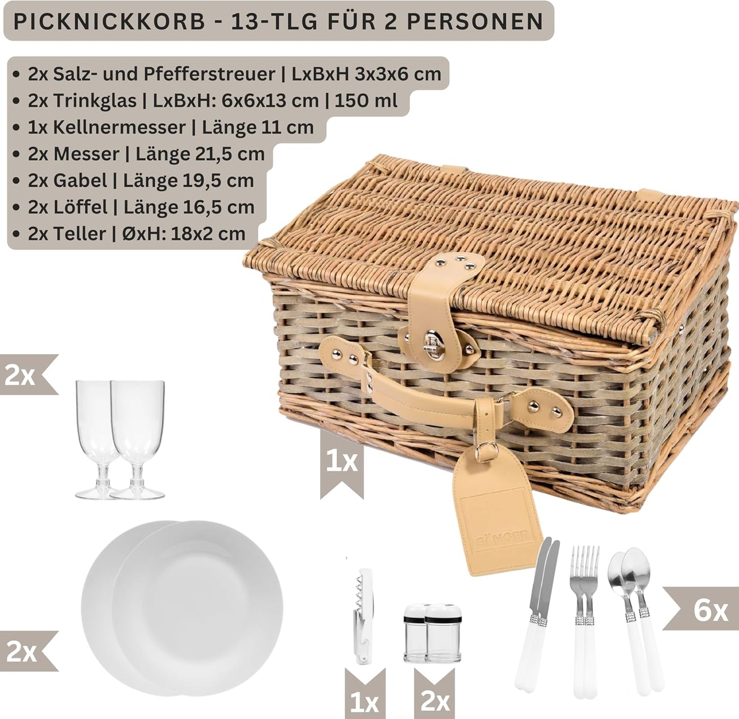 13-teiliges Picknickkorb-Set Amrum für 2 Personen, Picknickkorb Amrum