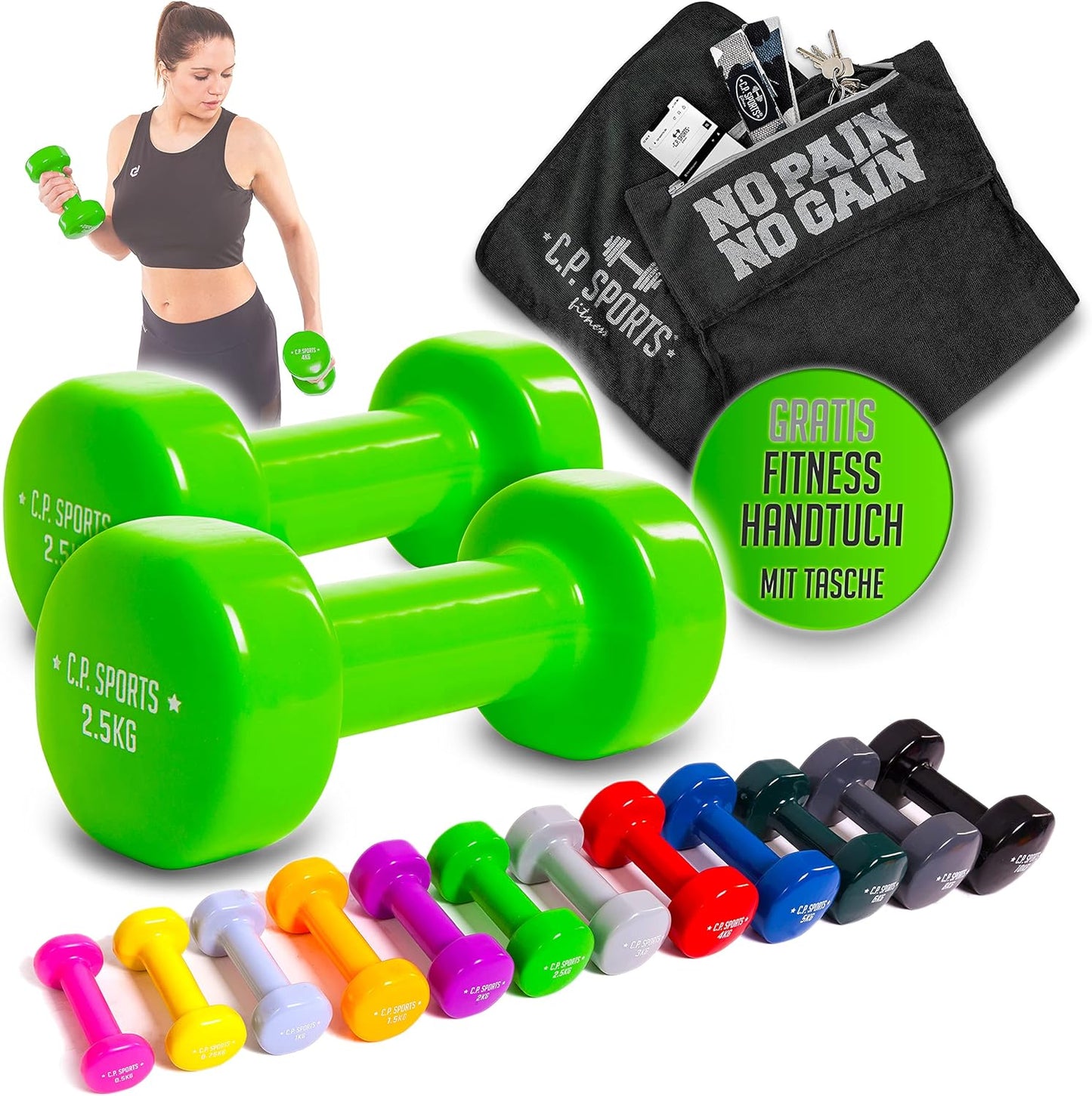 Gymnastikhanteln + Fitness Handtuch Set, 2x 2,5 KG