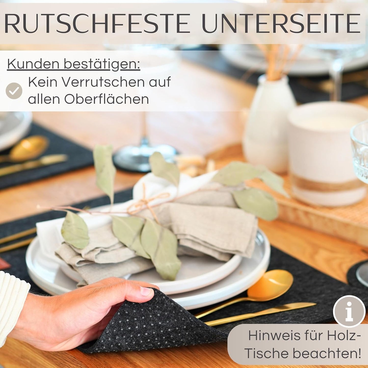 Filz Tischset mit Untersetzern und Bestecktaschen, Anthrazit-Weiss 6er Set mit Zubehör