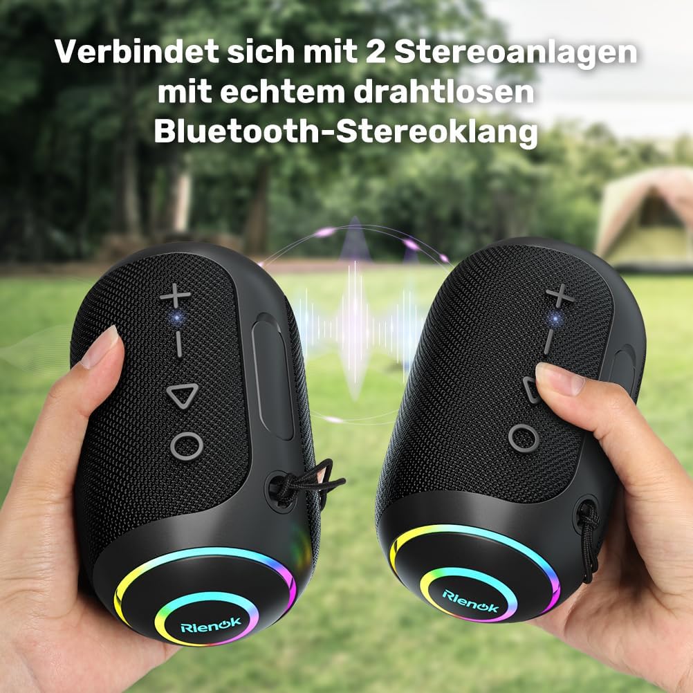Wasserdichter Bluetooth Lautsprecher mit LED-Licht, 2,400mAH Schwarz