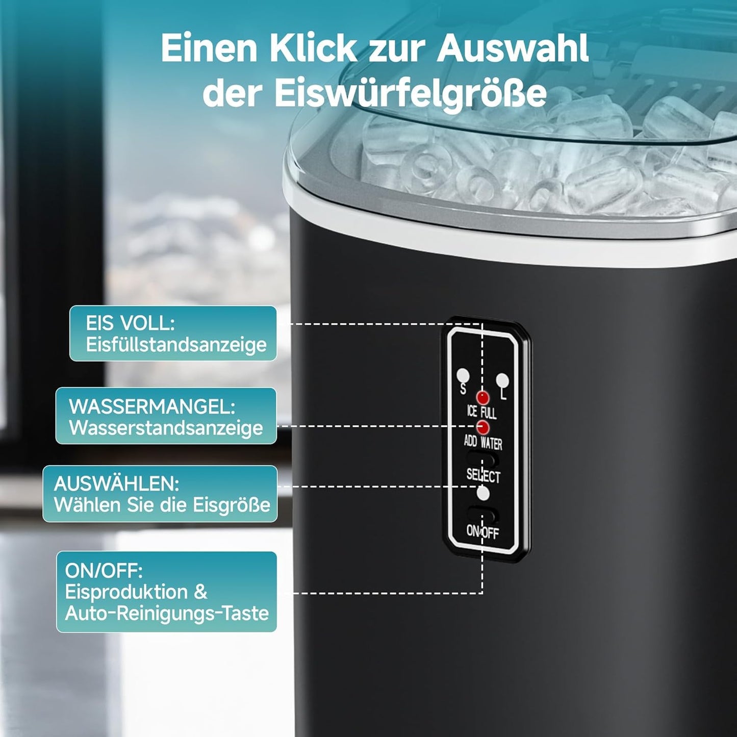 Tragbare Eiswürfelmaschine, 12 kg/Tag, selbstreinigend, Schwarz-1.2L