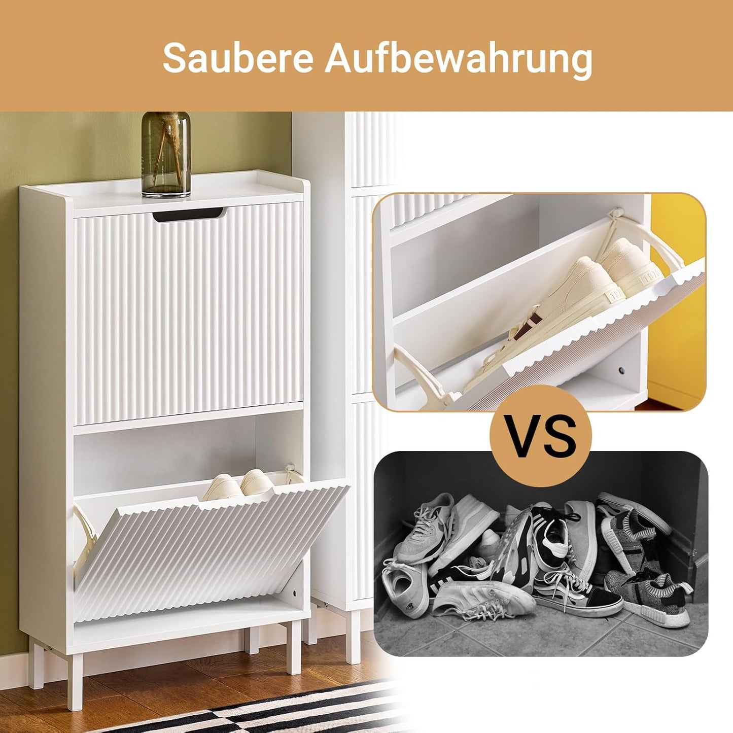 Schuhschrank mit 2 Klappen, platzsparend, Weiss 2 Klappen - 50 cm (W) x 19 cm (D) x 90 cm (H)