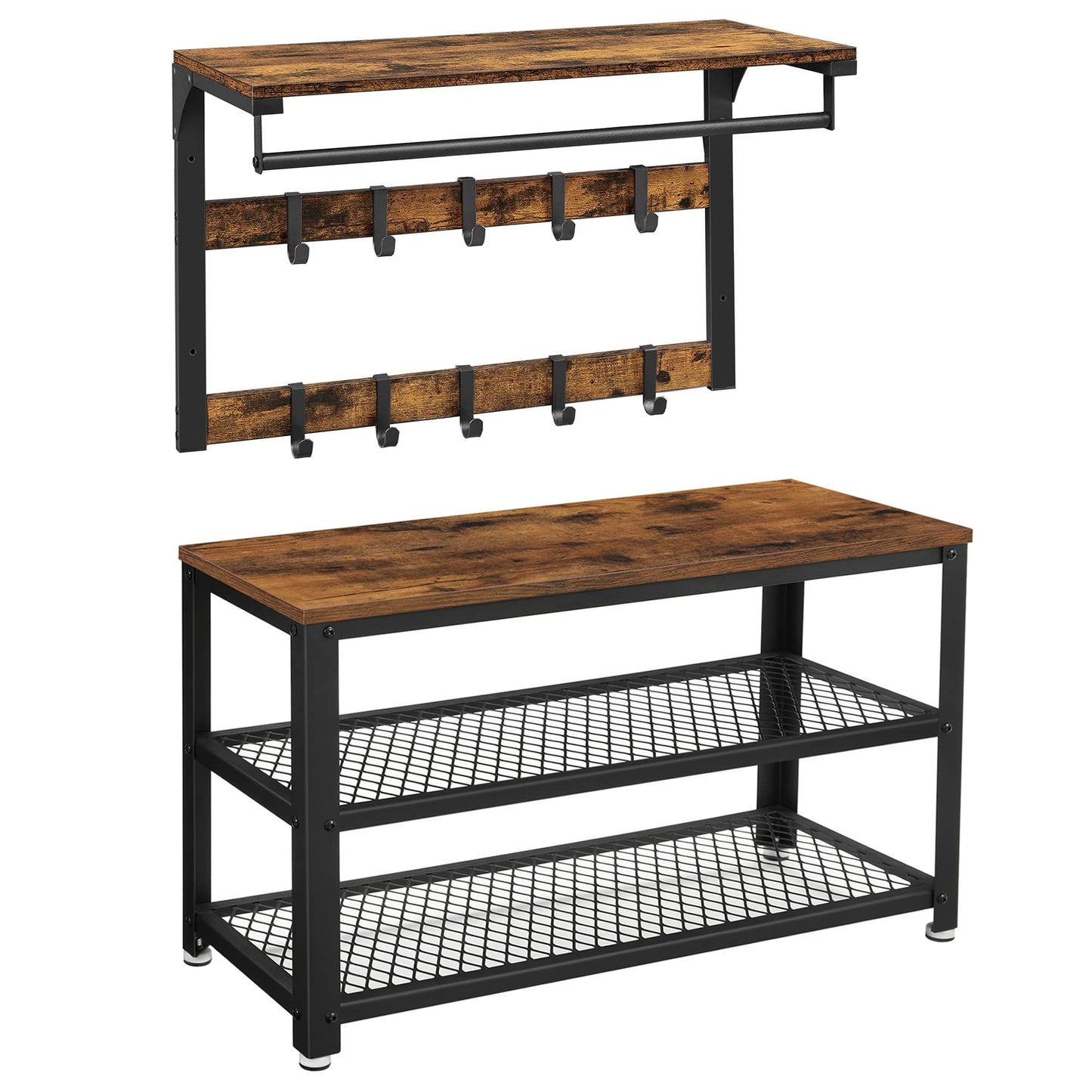 Wandgarderobe mit Schuhbank und Regal im Industrie-Design, 73B cm Vintagebraun + Schwarz