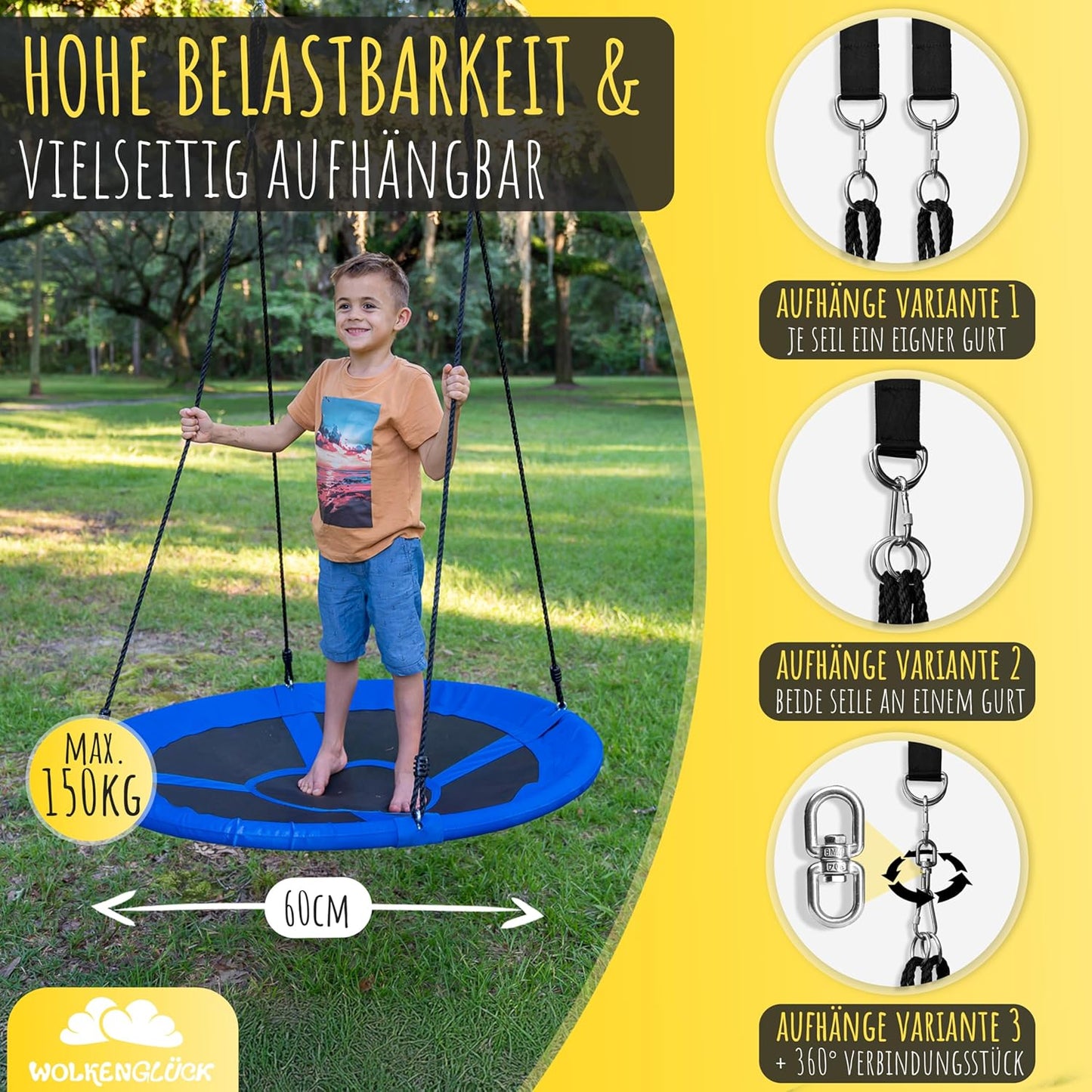 Höhenverstellbare Nestschaukel, 60 cm, inkl. Zubehör, Blau - 60cm Durchmesser