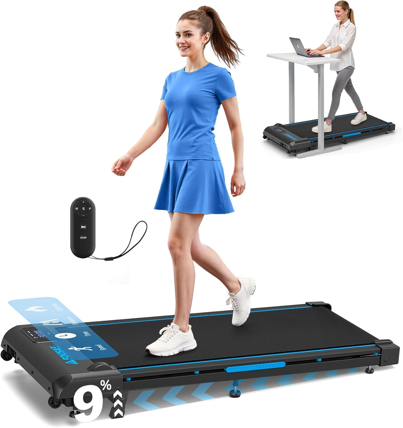 Walking Pad Laufband mit Steigung, Schwarz-Blau 4-in-1 mit Doppelter Stoßdämpfung