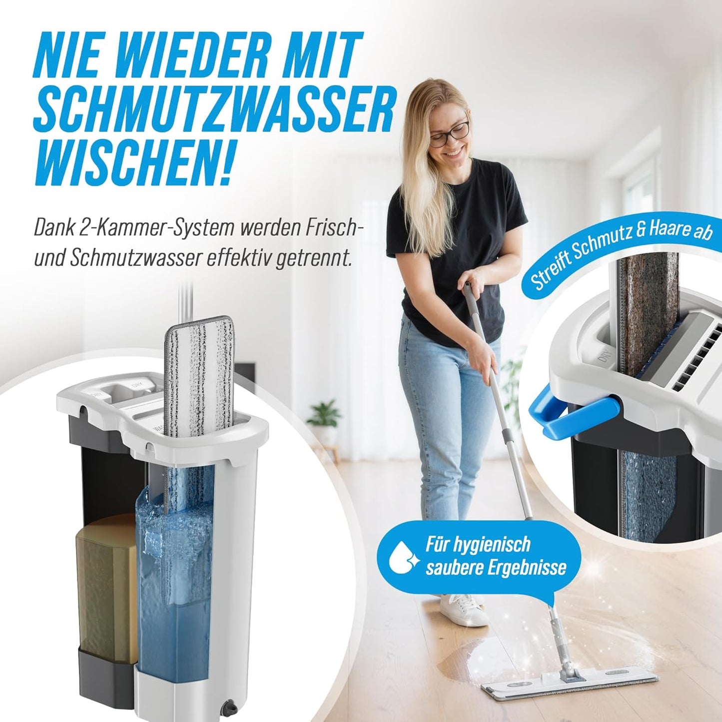 Wischmopp Set mit 2-Kammer-Eimer, Hellblau