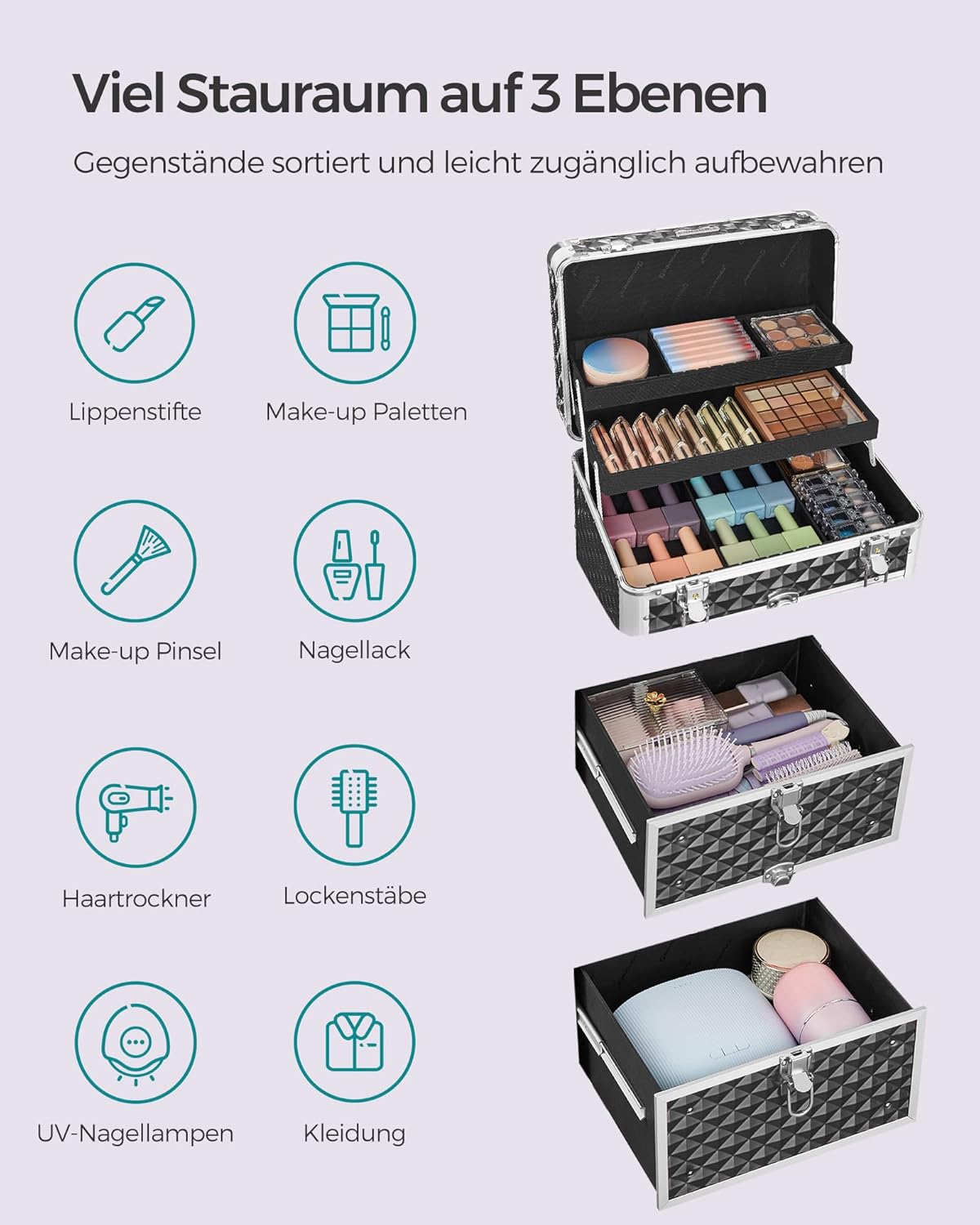 Kosmetikkoffer mit 2 Schubladen, Schwarz
