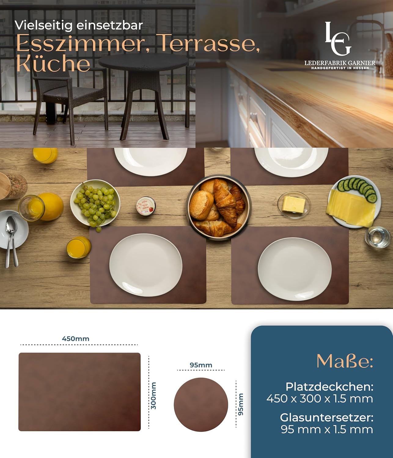 Tischsets 4er-Set aus recyceltem Leder, Dunkelbraun