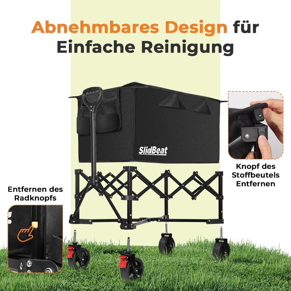 Faltbarer Bollerwagen mit Bremsen und All Terrain Rädern, Schwarz XL