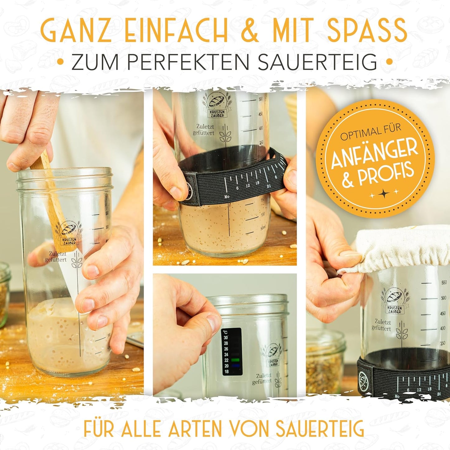 Gärkörbchen & Sauerteig Starter Set, Gärkorb-Set + 600ml Starter + Zubehör