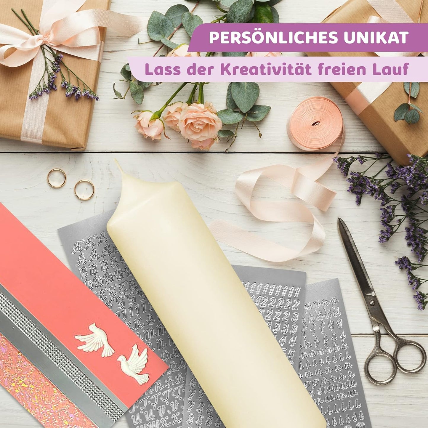 Taufkerze Bastelset mit Buchstaben und Wachsmotiven, Rosa mit Taube Kerze 25x7 cm | Creme