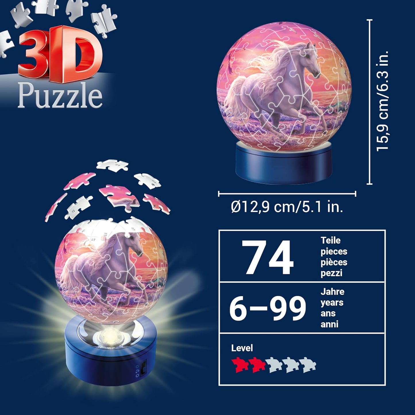 3D Puzzle Nachtlicht Pferde am Strand, Single