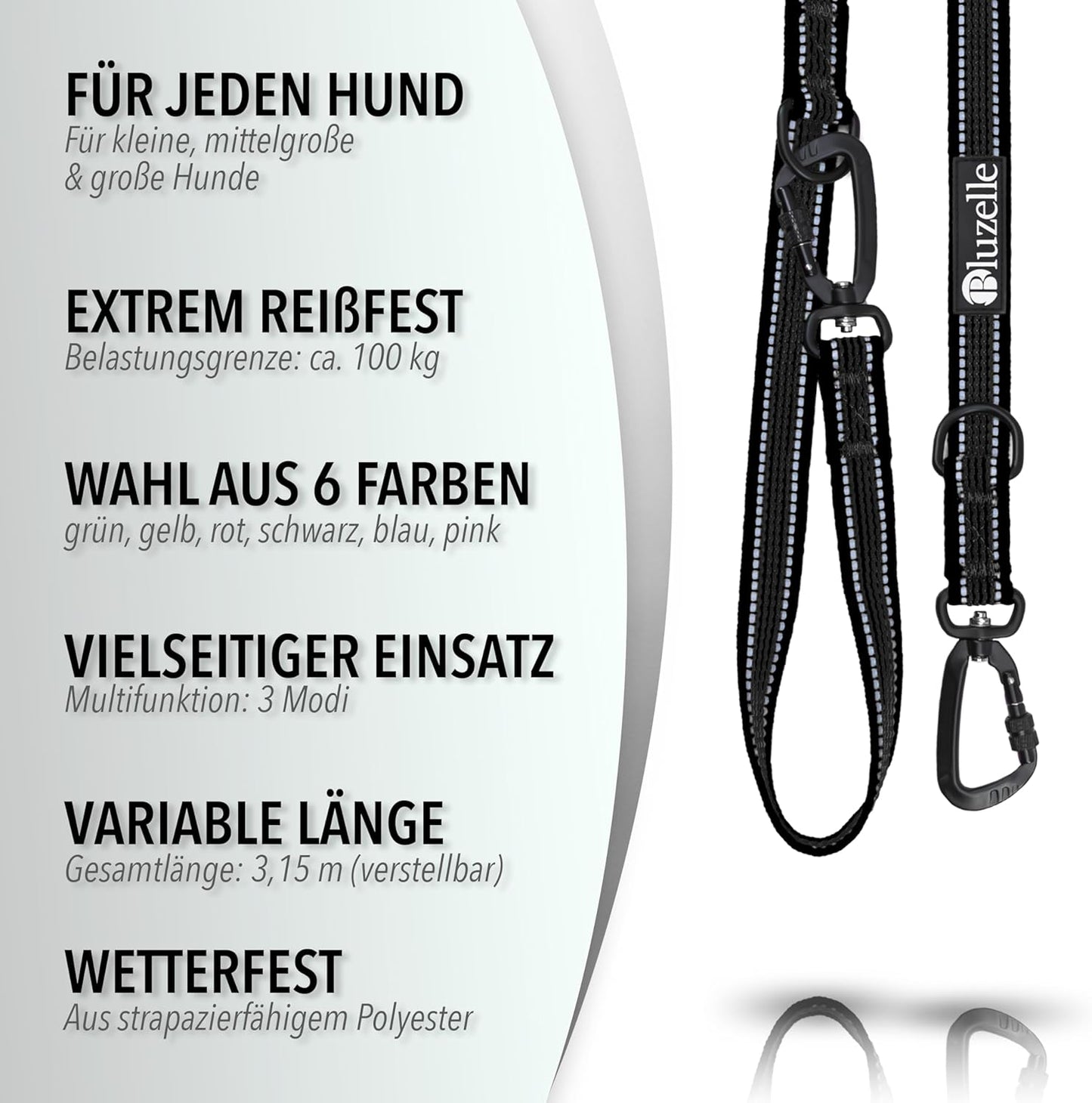 Verstellbare Hundeleine 3m bis 100kg, Schwarz
