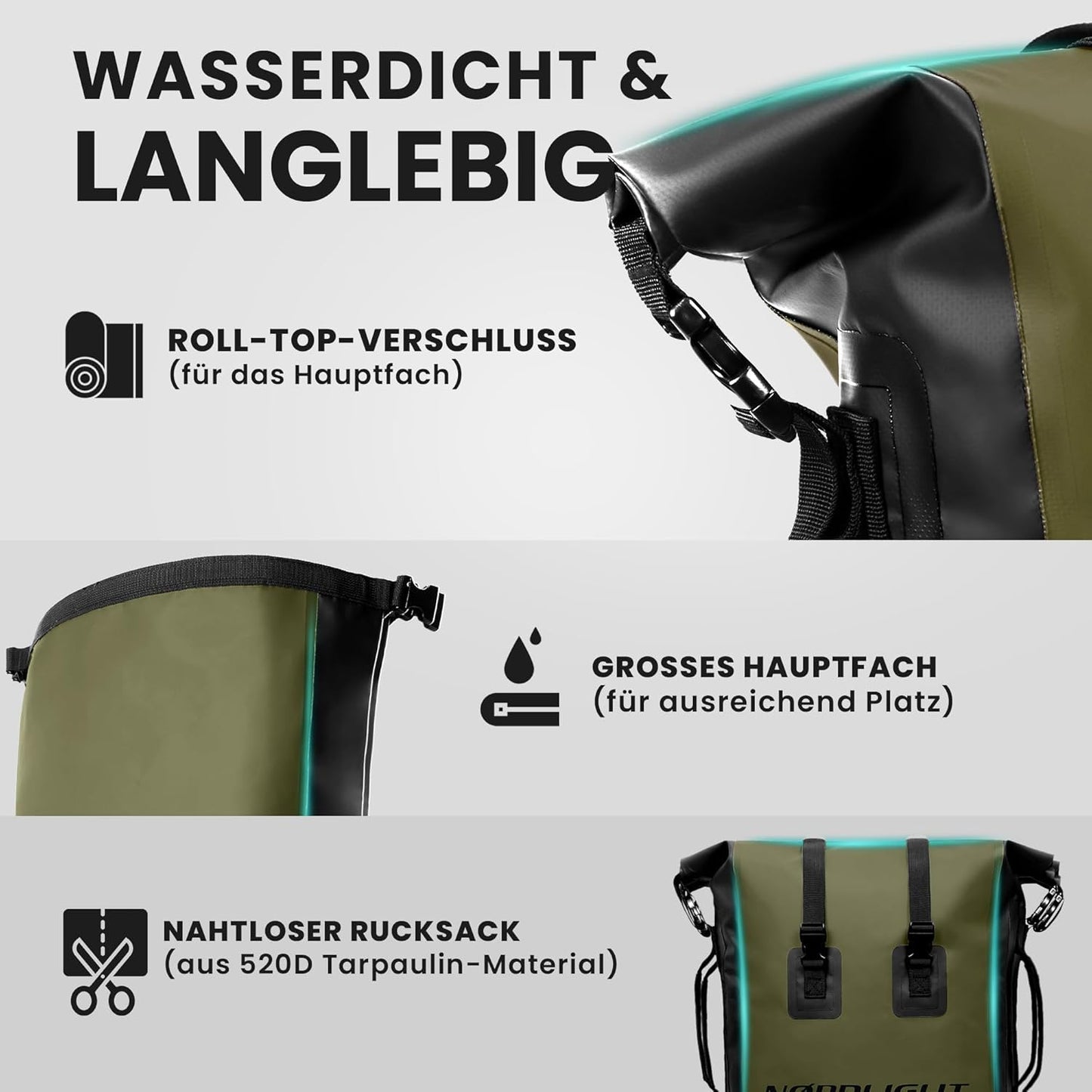 Wasserdichter Rucksack, Olivgrün 35 L