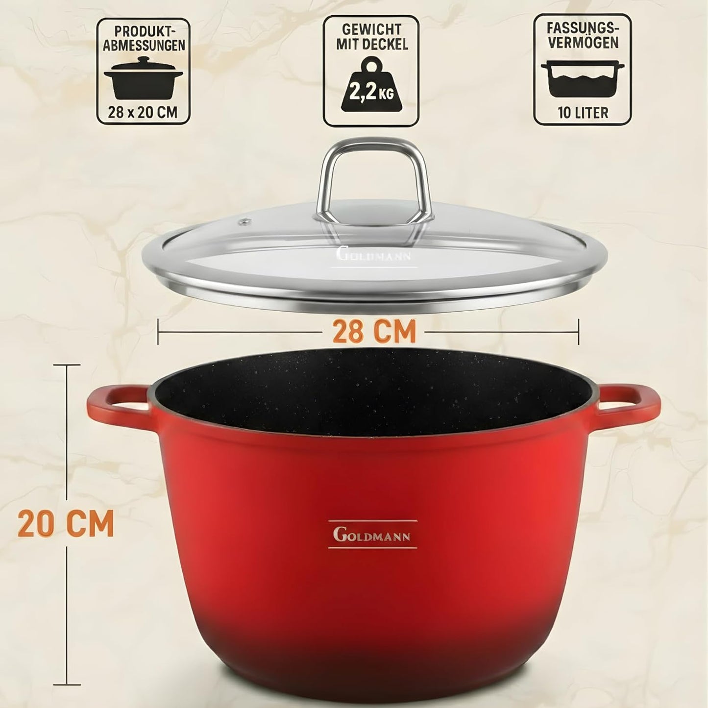 Kochtopf mit Antihaftbeschichtung, Rot 10L - Ø 28 CM