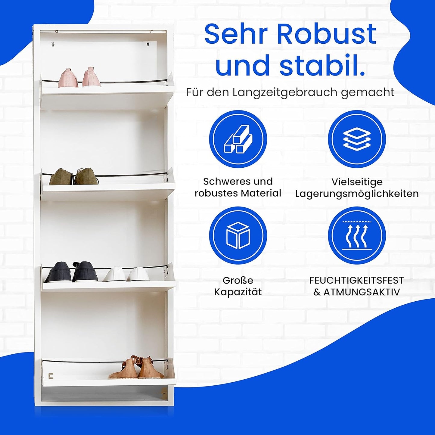 Schuhregal mit 4 Klappen für Wandmontage, 4 Klappen Weiß