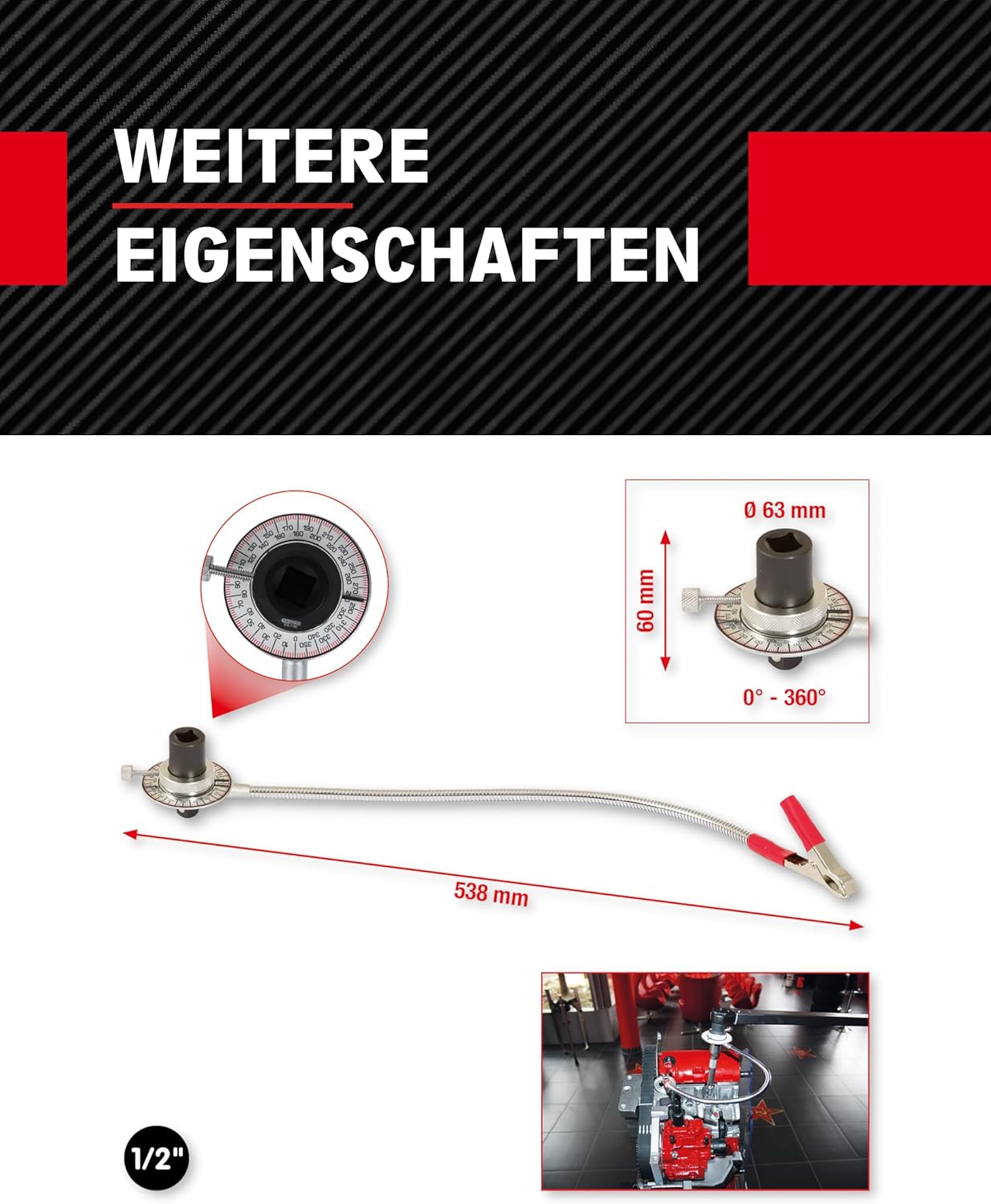 Drehwinkelmessscheibe mit flexiblem Krallenarm, 1/2" Kralle