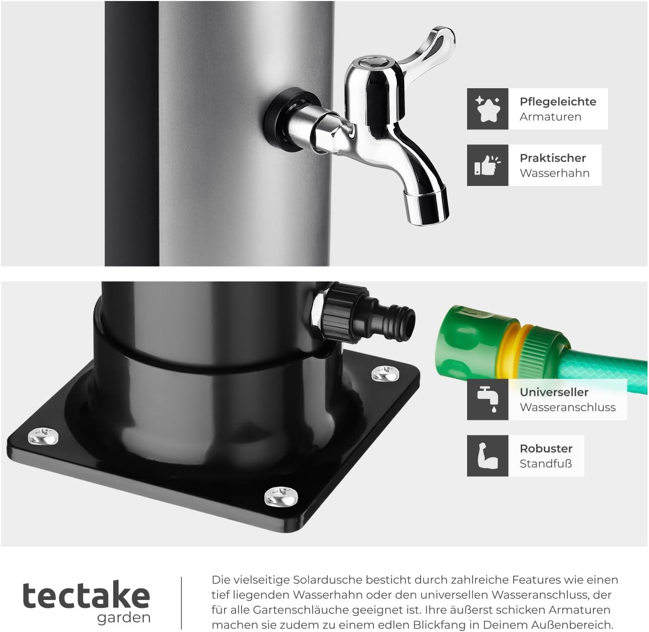 Solardusche mit grossem Duschkopf und Wasserhahn, 20 L Schwarz-Silber