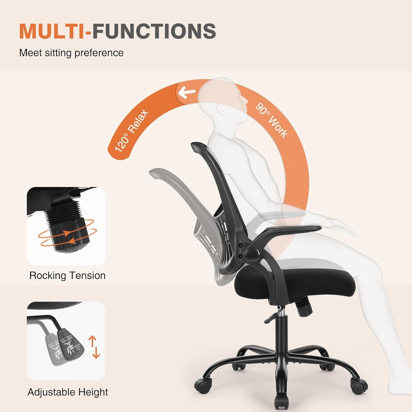 Ergonomischer Bürostuhl mit Lendenwirbelstütze, Schwarz Klappbare Armlehne