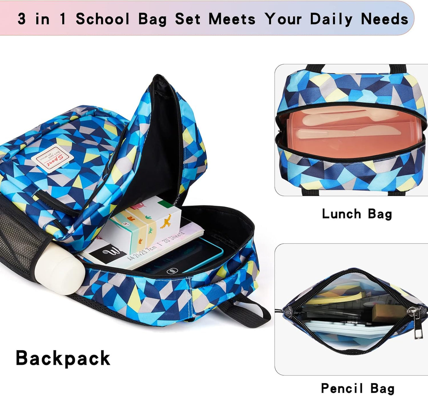 3-teiliges wasserdichtes Schulrucksack-Set, Blau