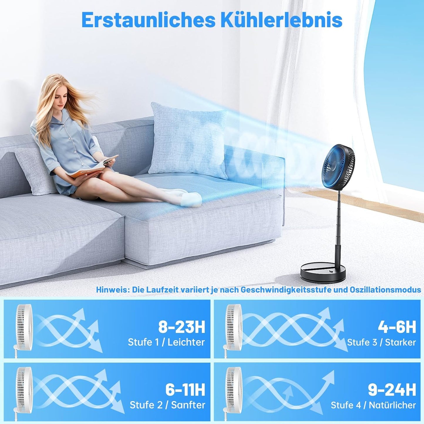 Tragbarer Ventilator, Schwarz 8,6-Zoll