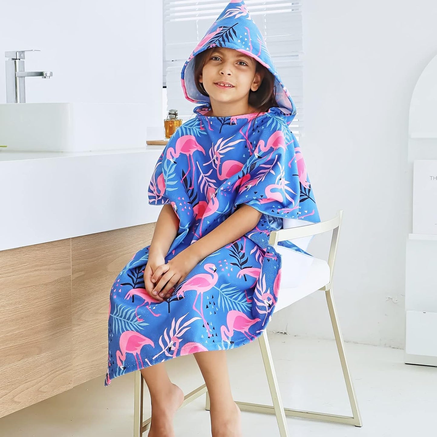Badetuch-Poncho für Kinder mit Flamingo-Motiv, Blau Einheitsgröße