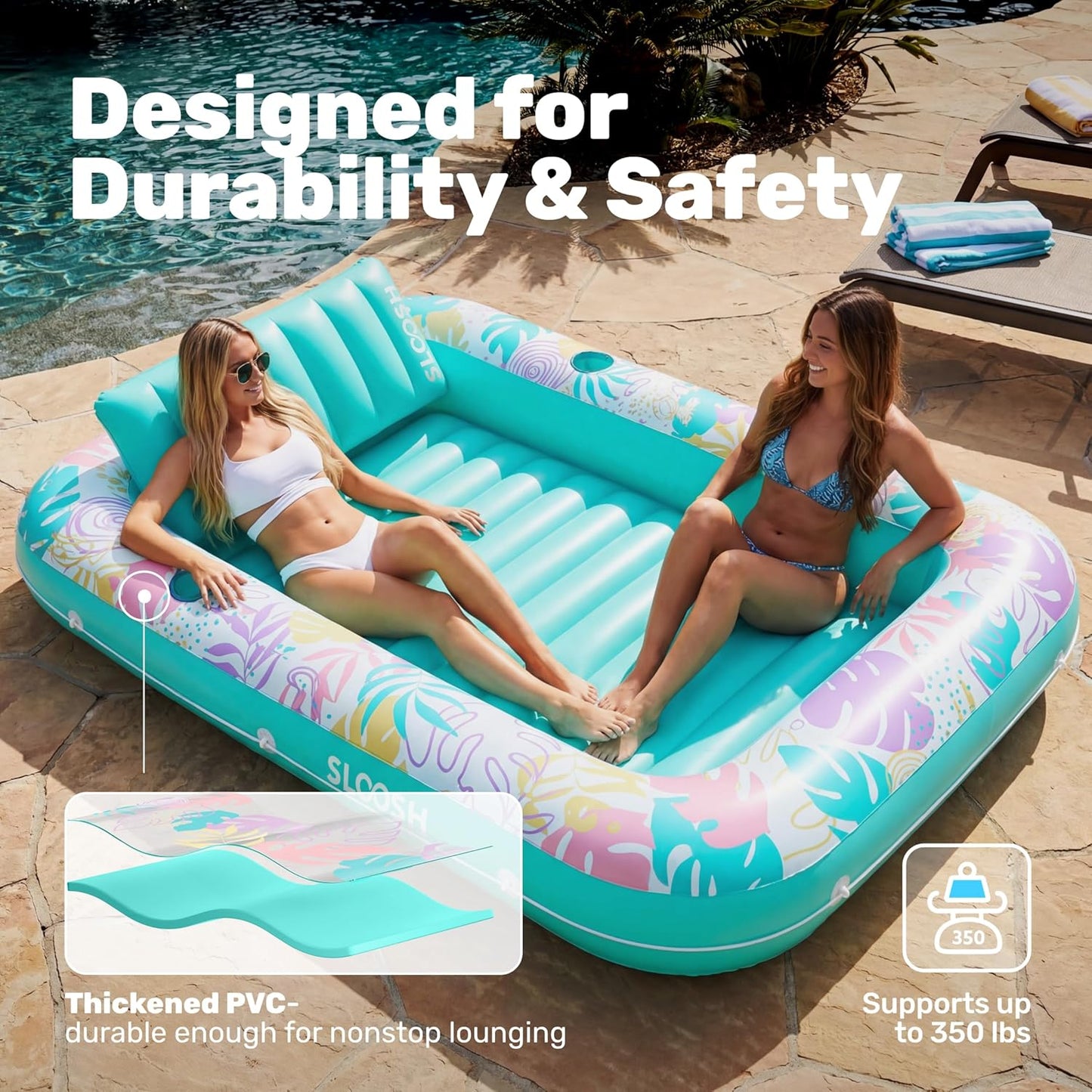 Aufblasbarer 4-in-1 Sonnenliegepool mit Kissen und Getränkehalter, Tropisches Blau XL