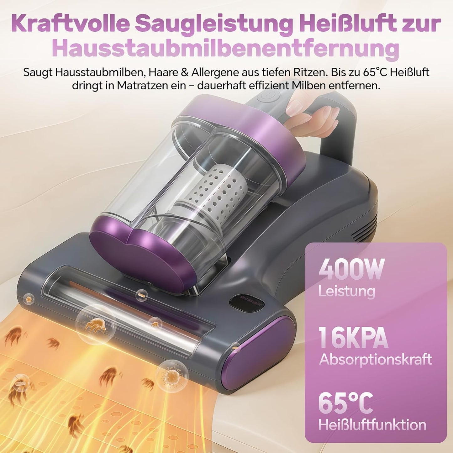 3-in-1 Milbensauger mit UV-C Licht & Heissluft