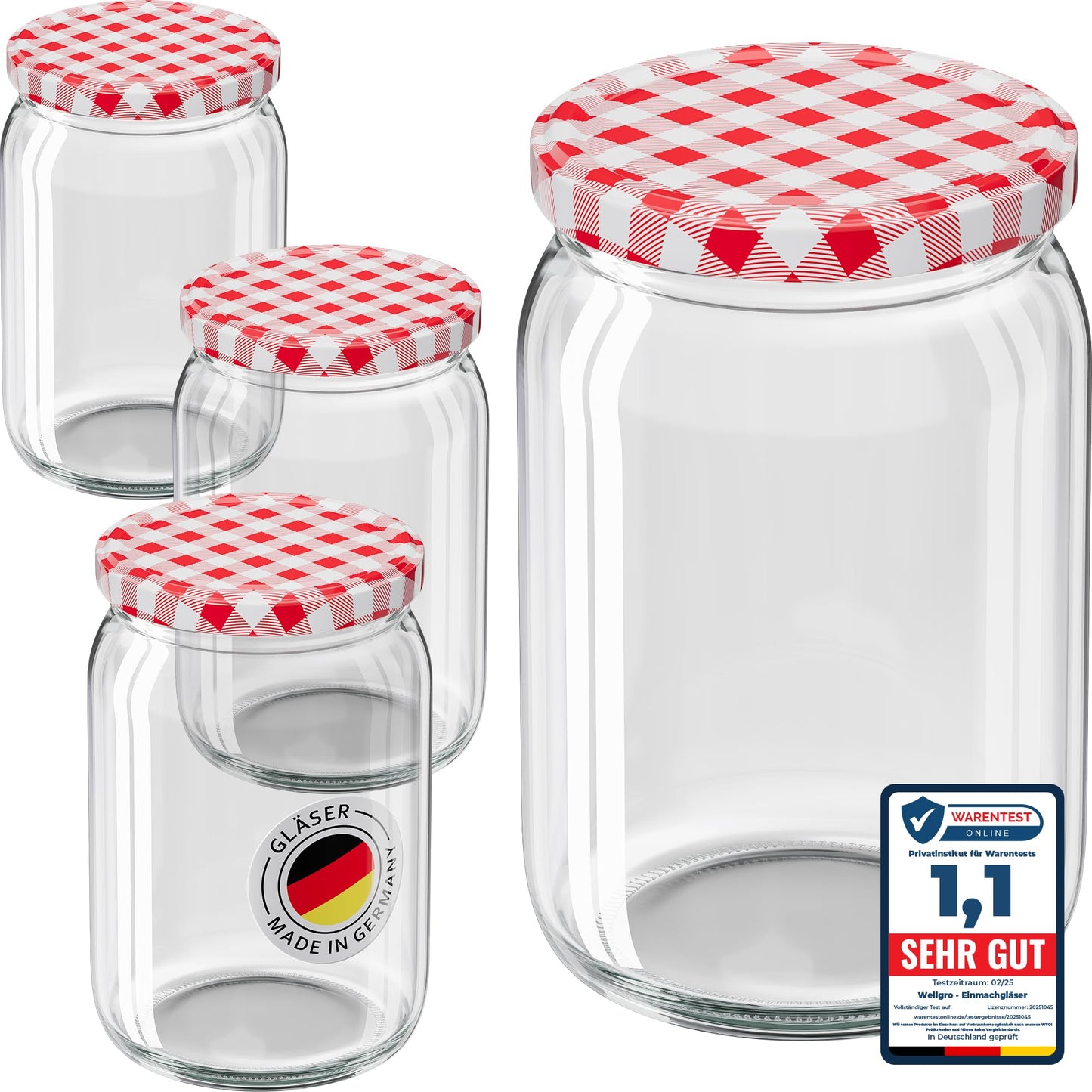 Einmachgläser-Set mit Schraubdeckel, Rot Kariert 550 ml 12