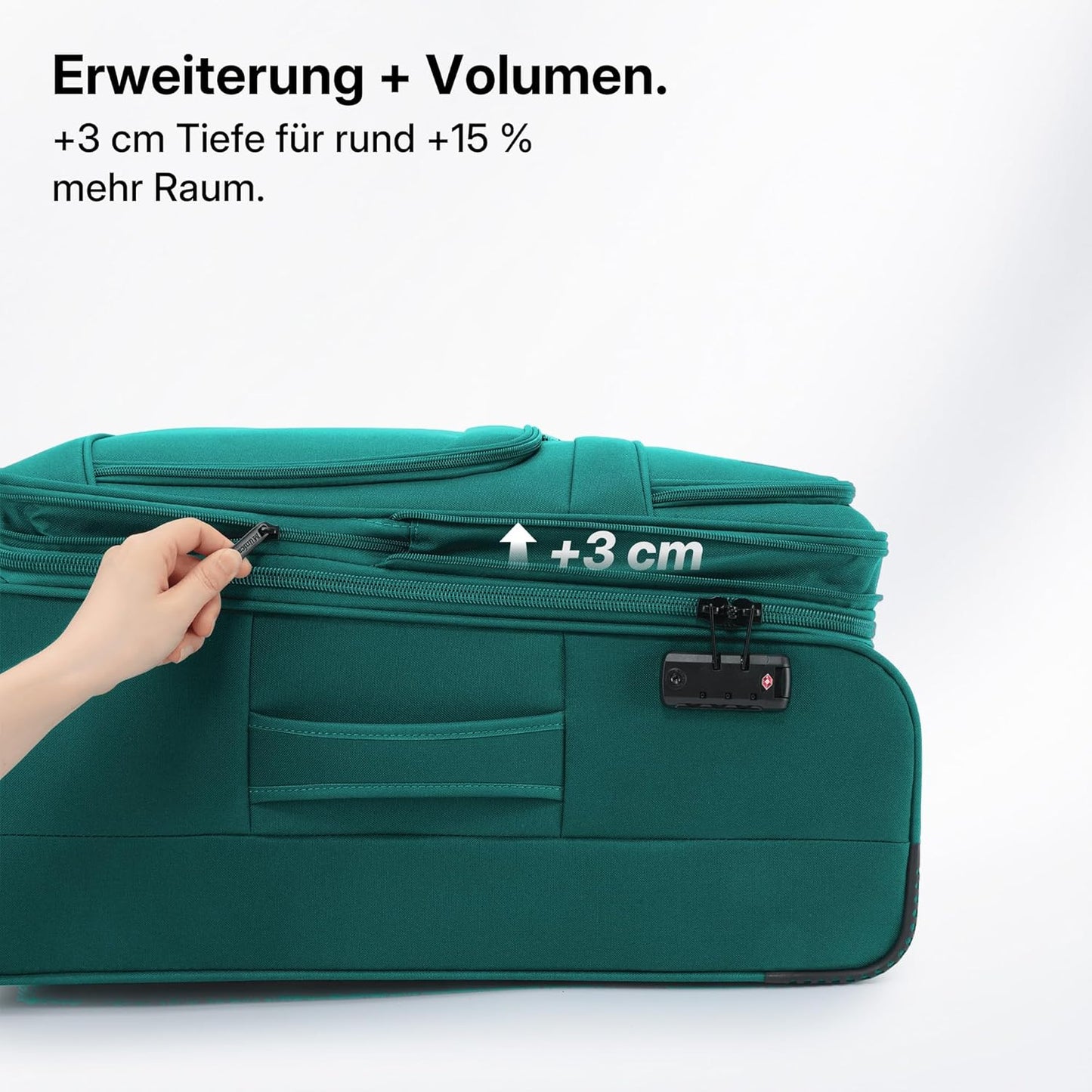 Erweiterbarer Stoffkoffer mit Frontfächern, Türkis Koffer M (55 cm) erweiterbar
