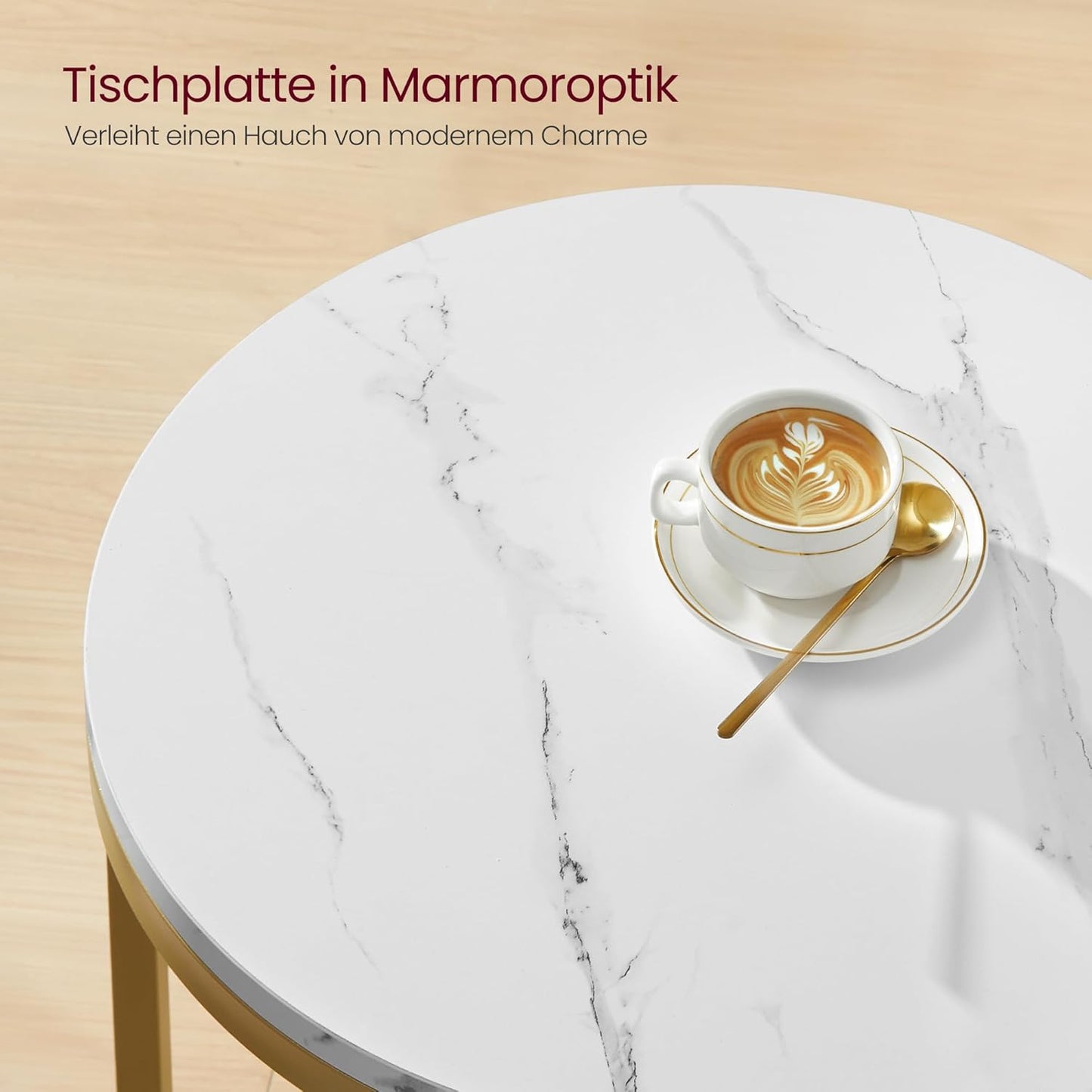 Runder Beistelltisch, Marmorweiss + Helles Gold